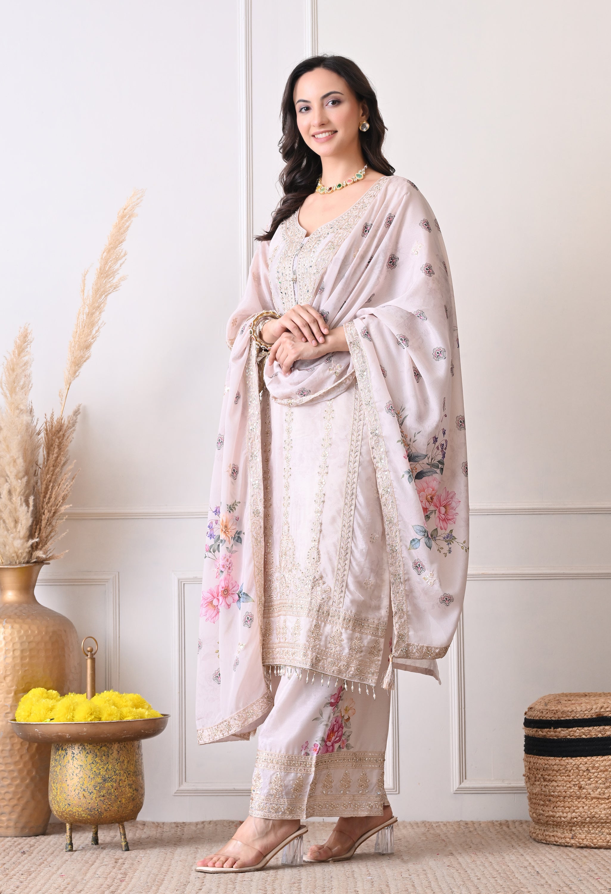 Ivory Chinon Zari Mirror Work Floral Sharara Suit- Set of 3