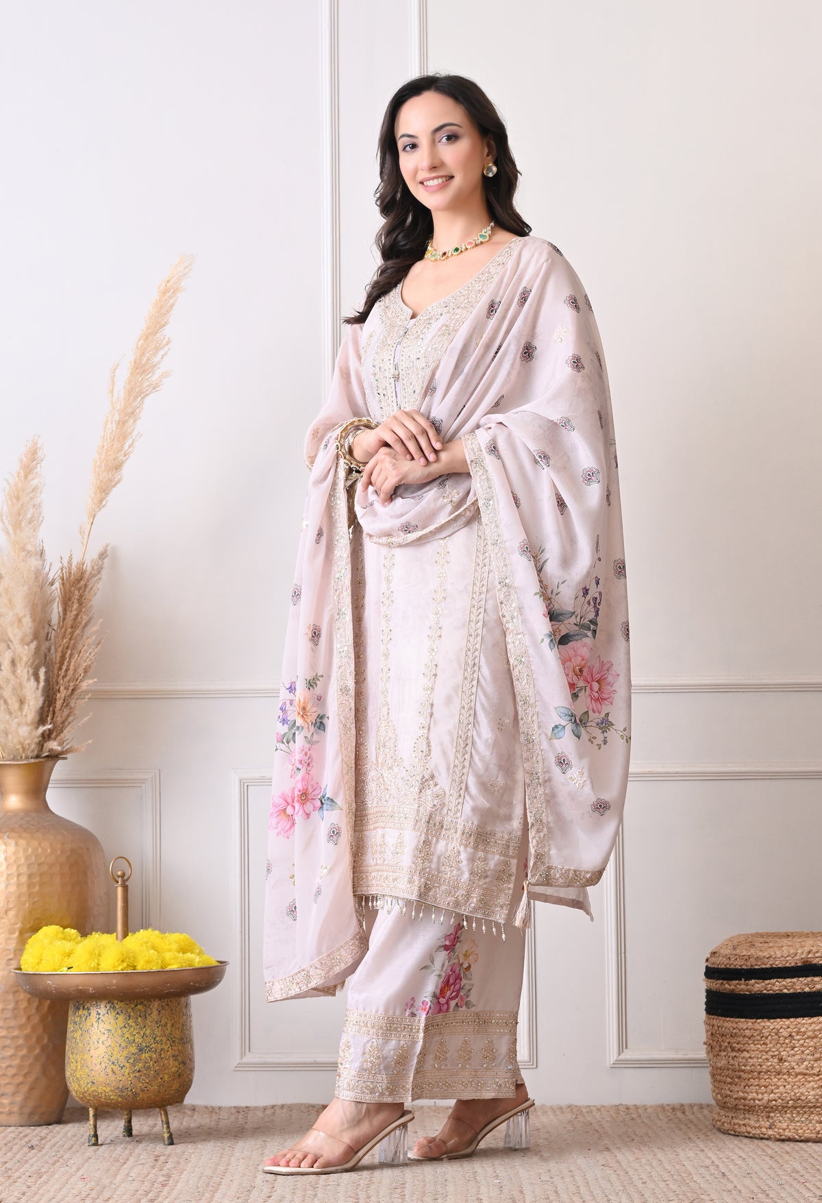 Ivory Chinon Zari Mirror Work Floral Sharara Suit- Set of 3