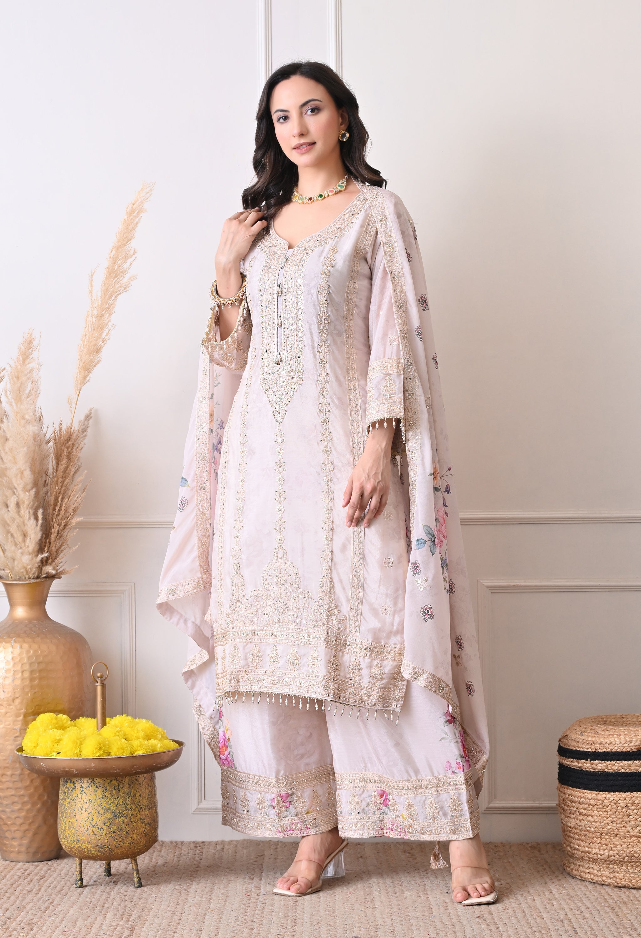 Ivory Chinon Zari Mirror Work Floral Sharara Suit- Set of 3