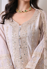 Ivory Chinon Zari Mirror Work Floral Sharara Suit- Set of 3