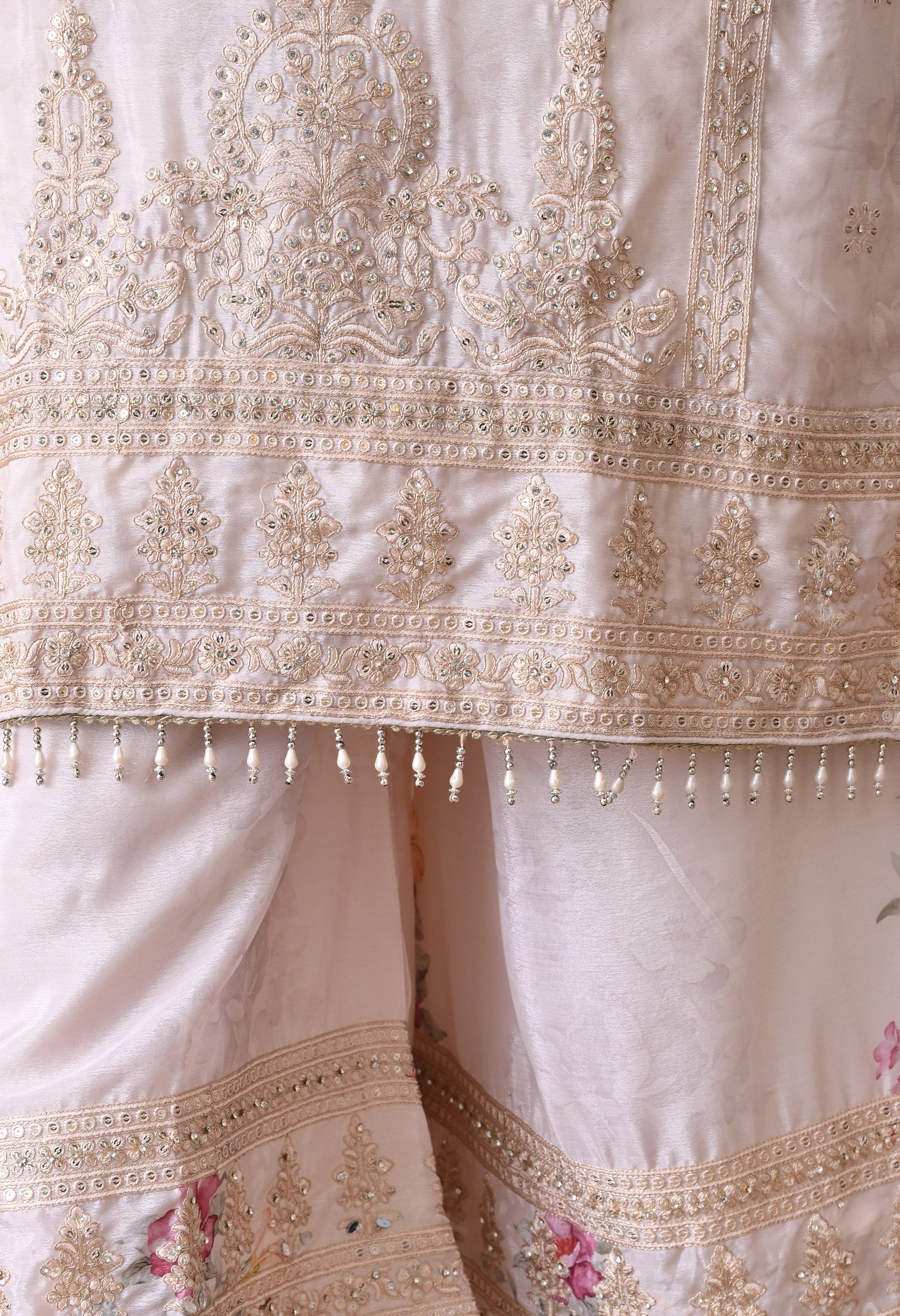 Ivory Chinon Zari Mirror Work Floral Sharara Suit- Set of 3