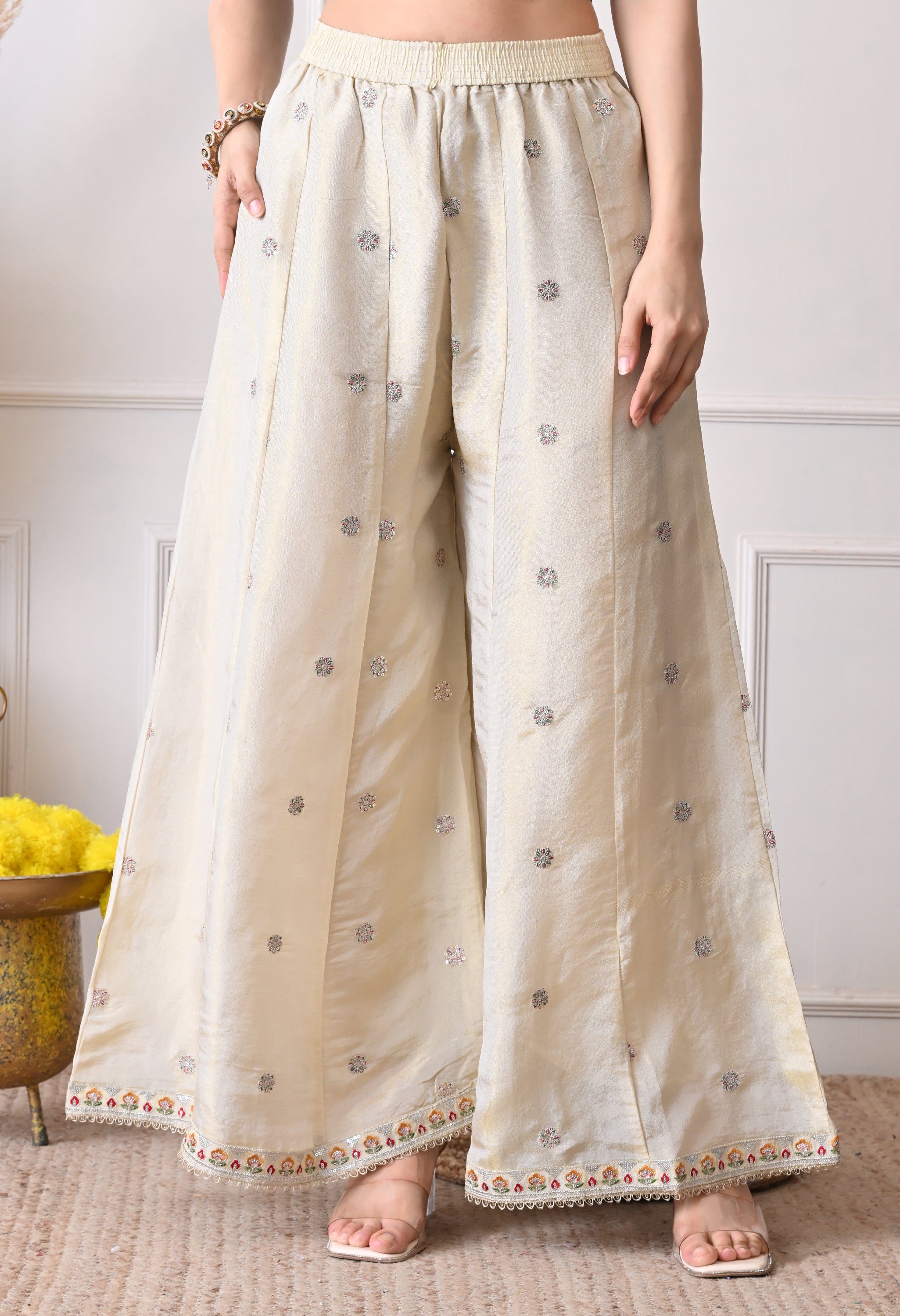 Cream Tissue Shimmer Embroidered Sharara Suit- Set of 3