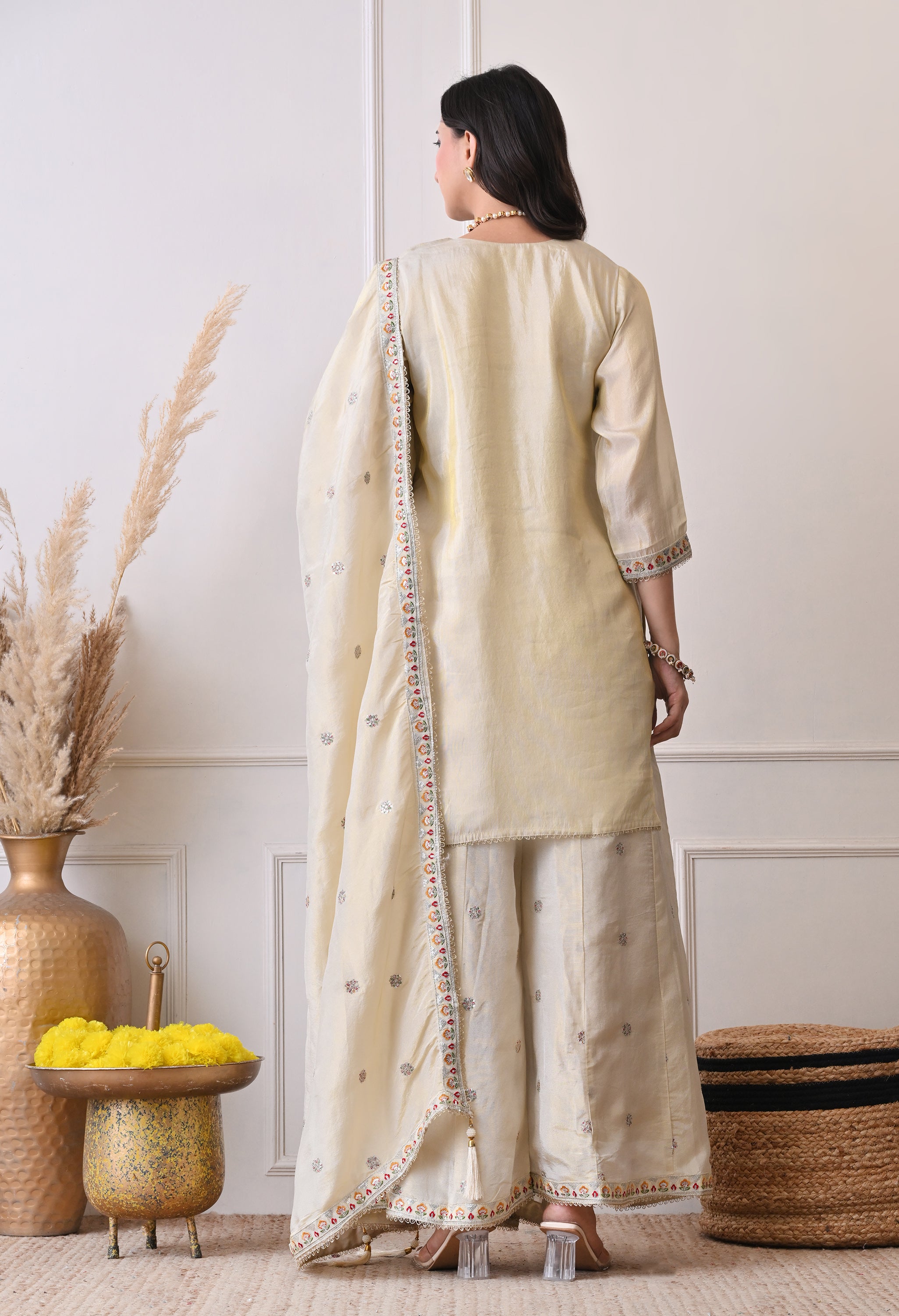 Cream Tissue Shimmer Embroidered Sharara Suit- Set of 3
