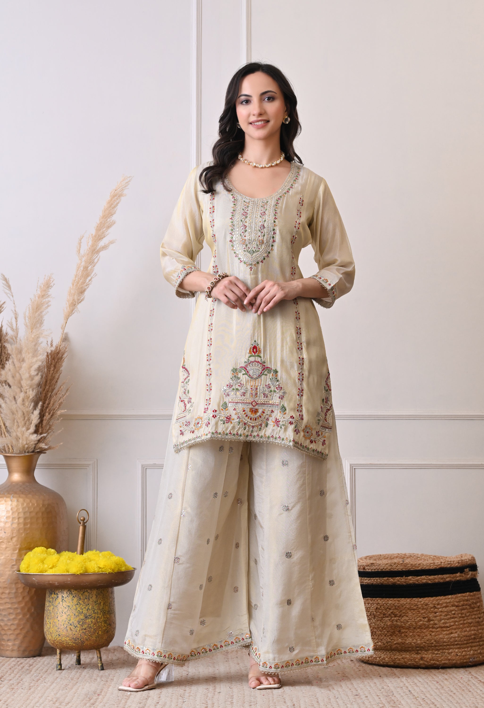 Cream Tissue Shimmer Embroidered Sharara Suit- Set of 3