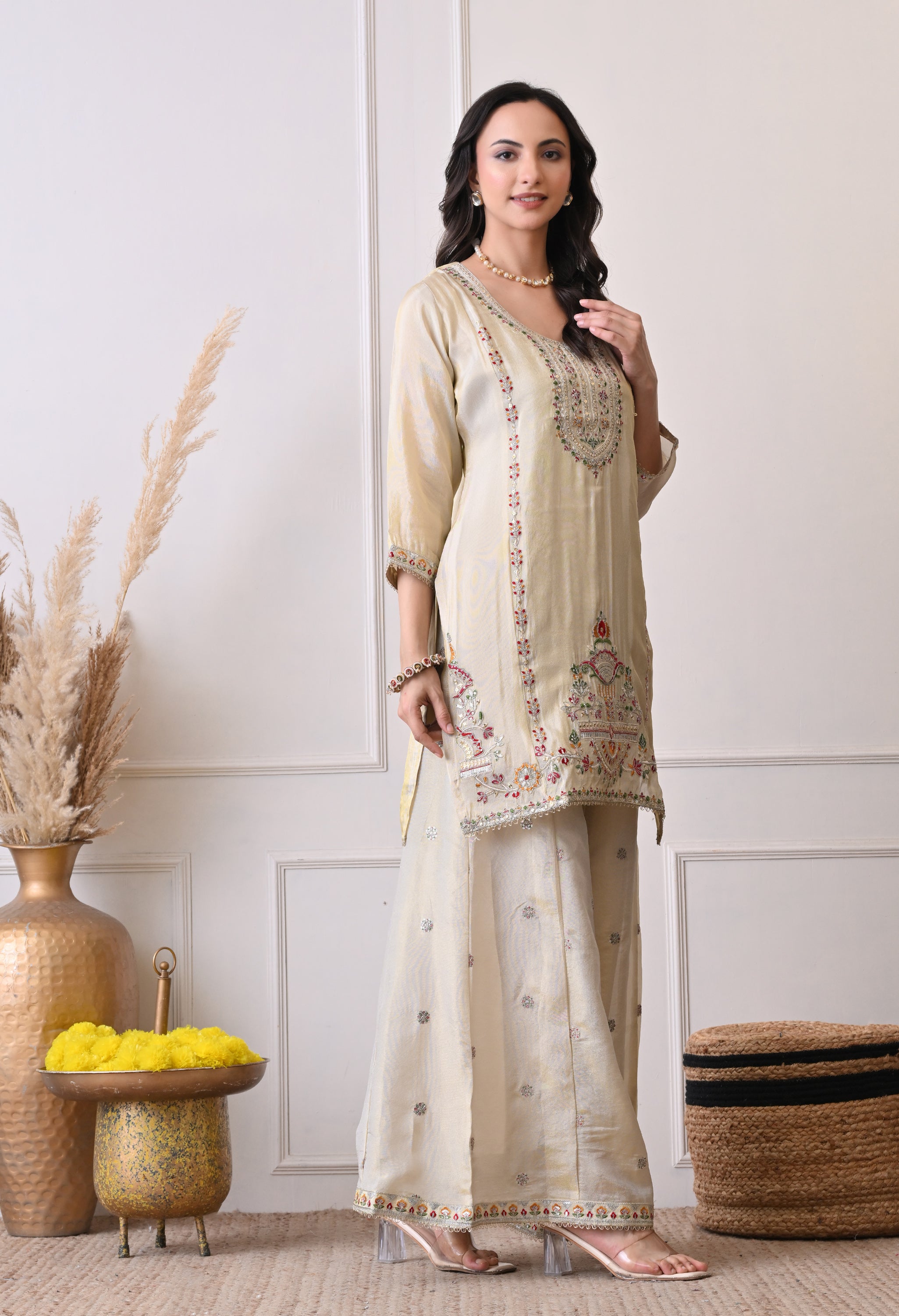 Cream Tissue Shimmer Embroidered Sharara Suit- Set of 3