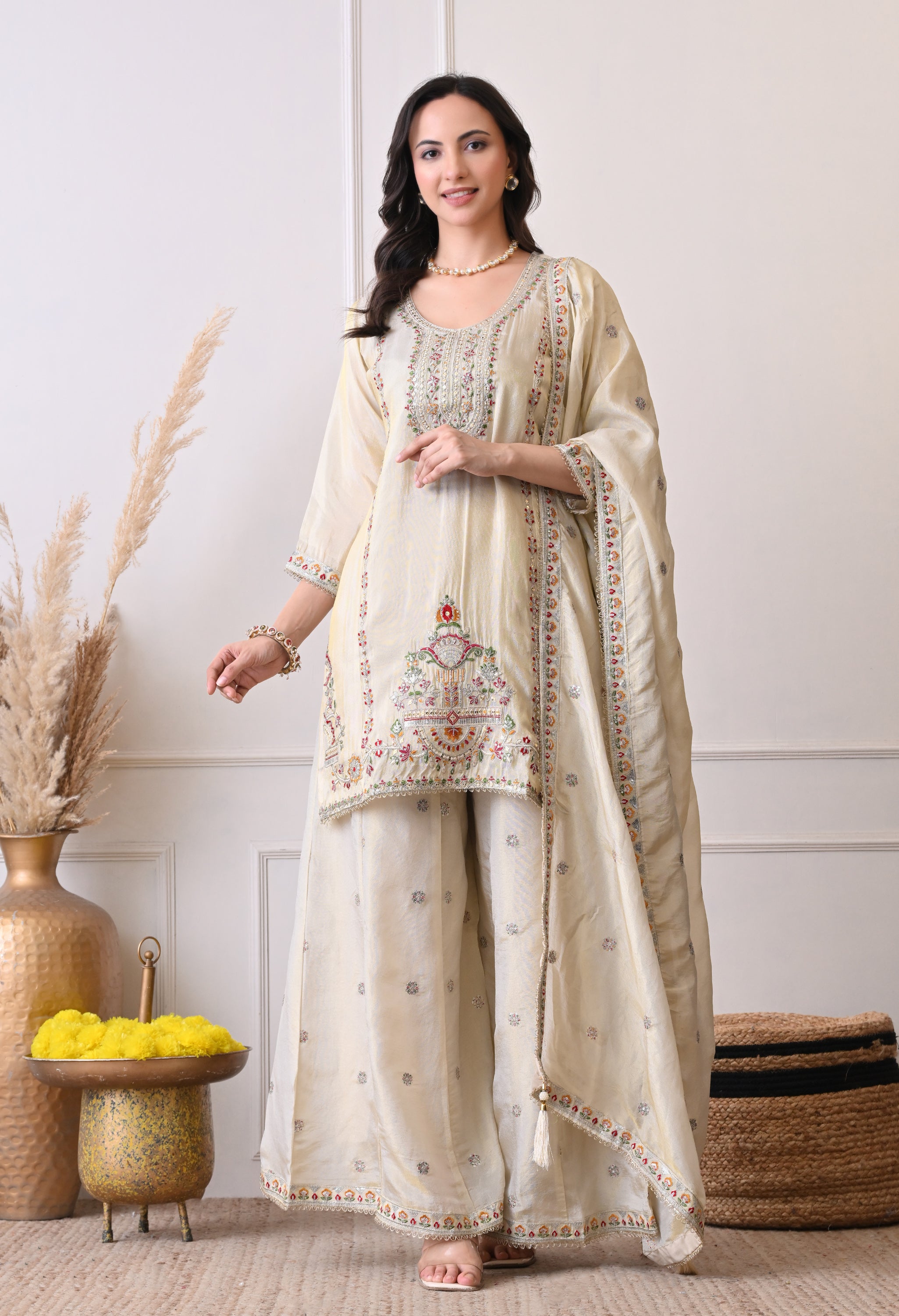 Cream Tissue Shimmer Embroidered Sharara Suit- Set of 3