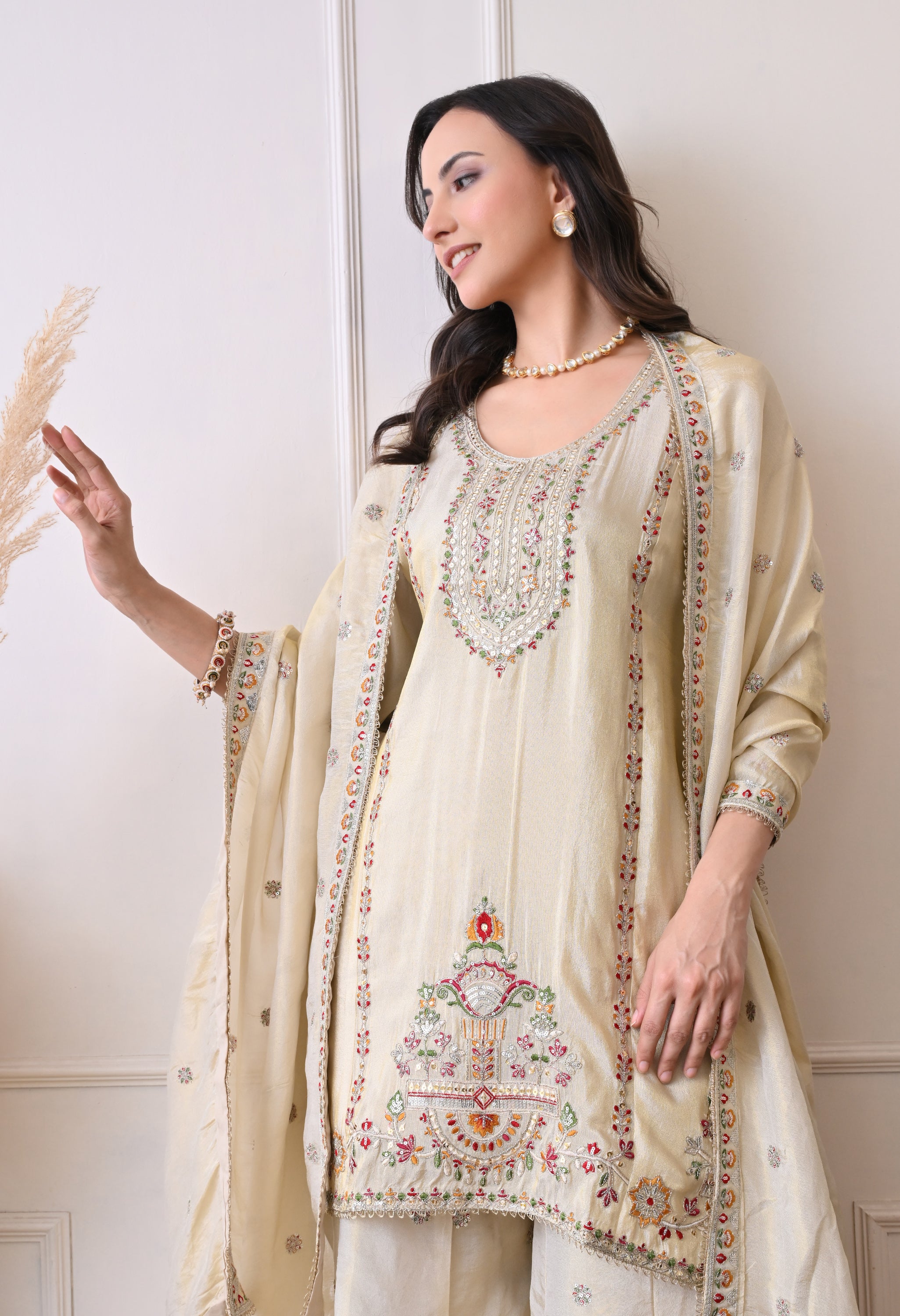 Cream Tissue Shimmer Embroidered Sharara Suit- Set of 3