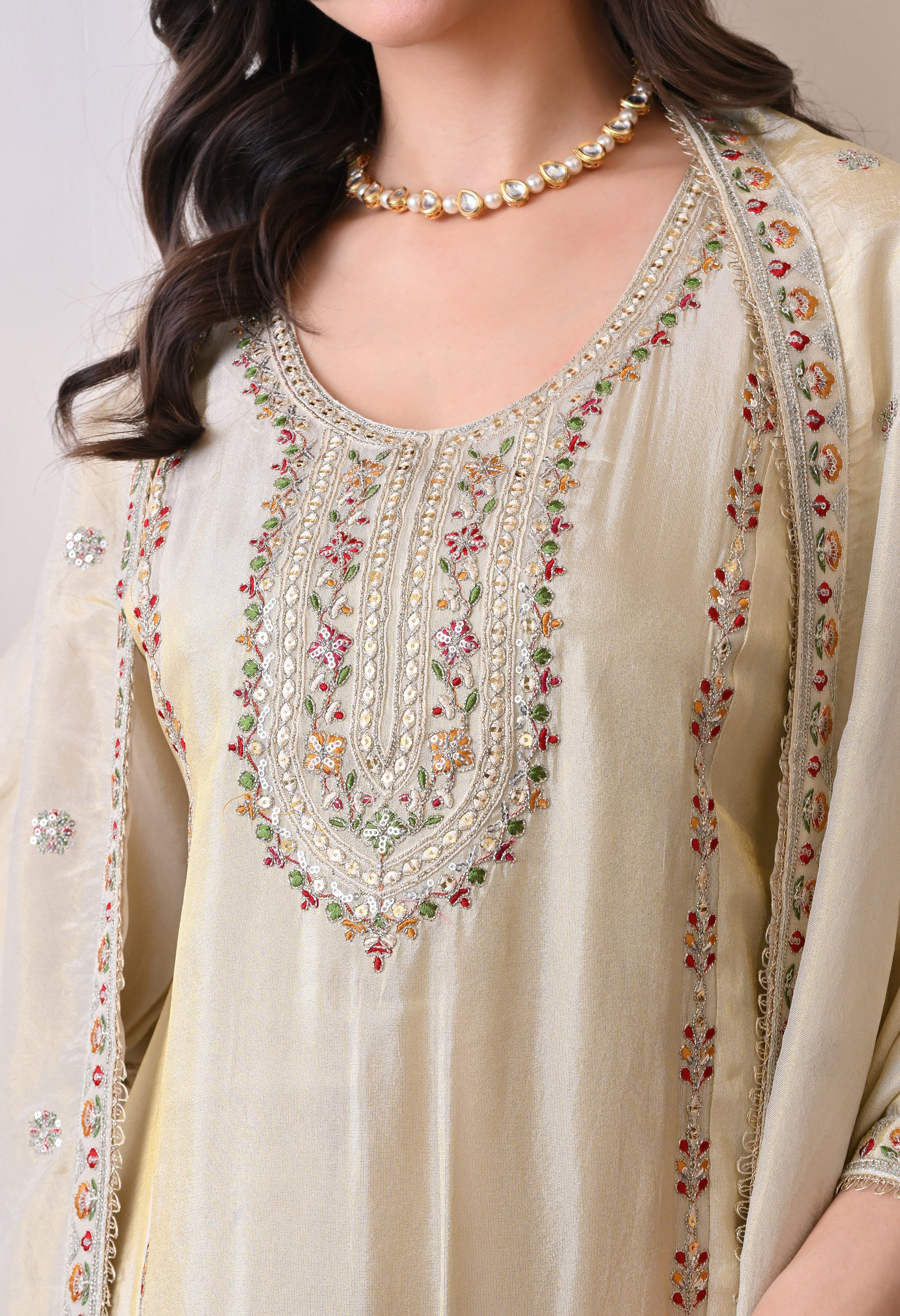 Cream Tissue Shimmer Embroidered Sharara Suit- Set of 3