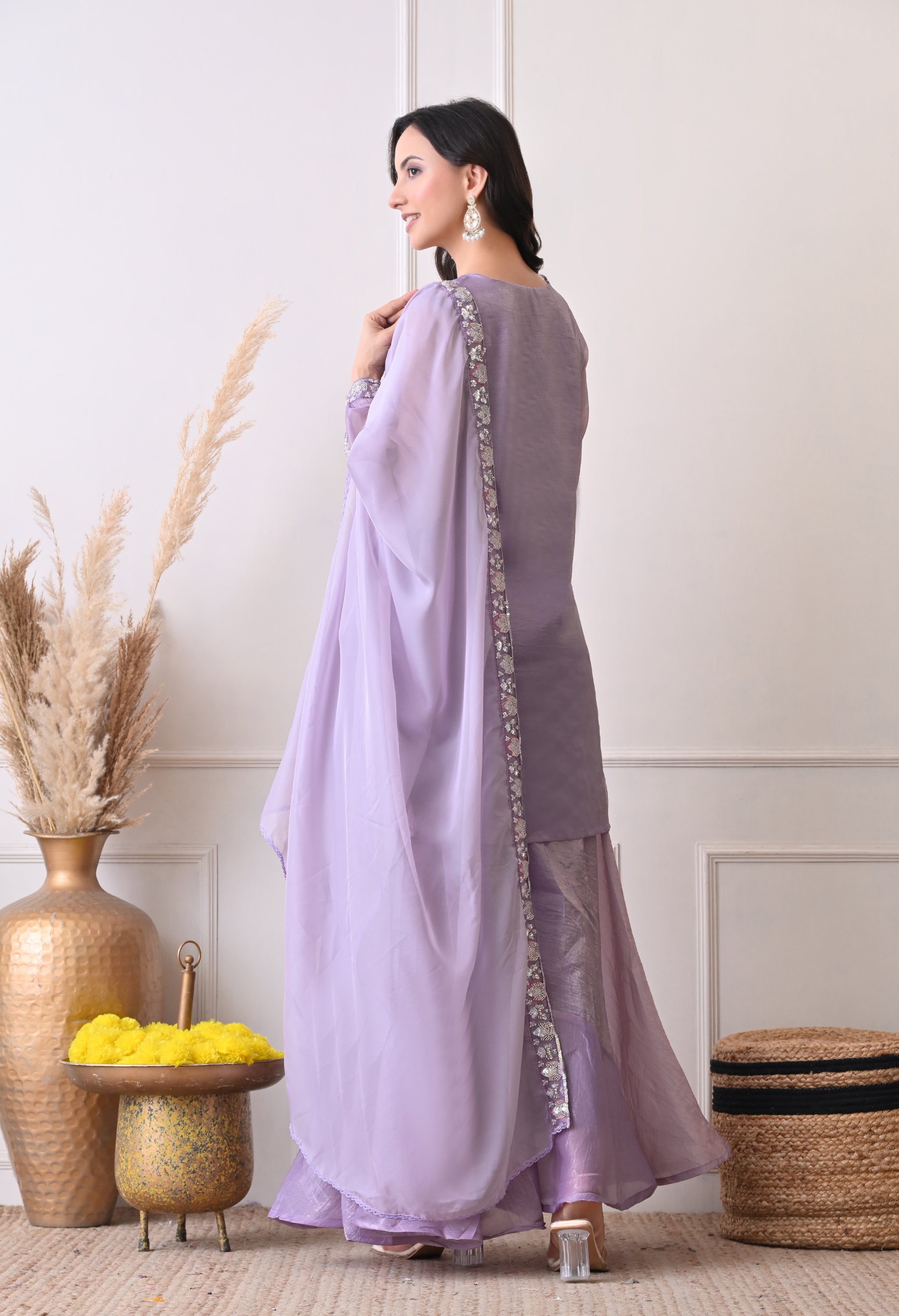 Lavender Crush Organza Beads Sequin Embroidered Sharara Suit - Set of 3