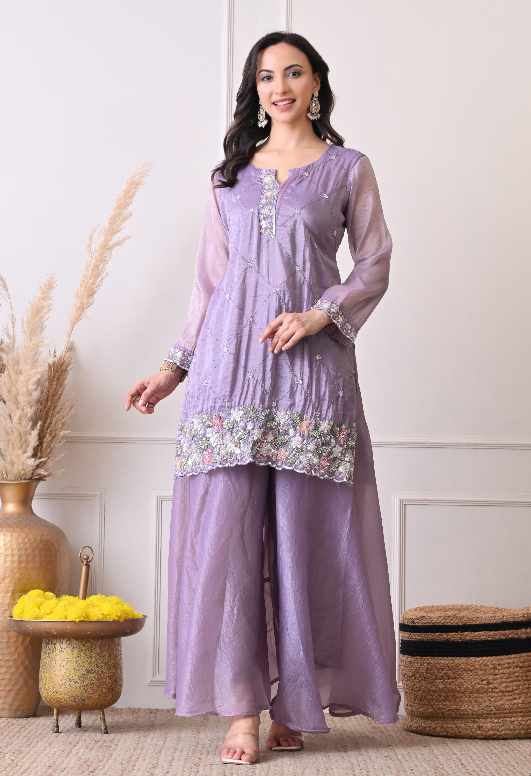 Lavender Crush Organza Beads Sequin Embroidered Sharara Suit - Set of 3