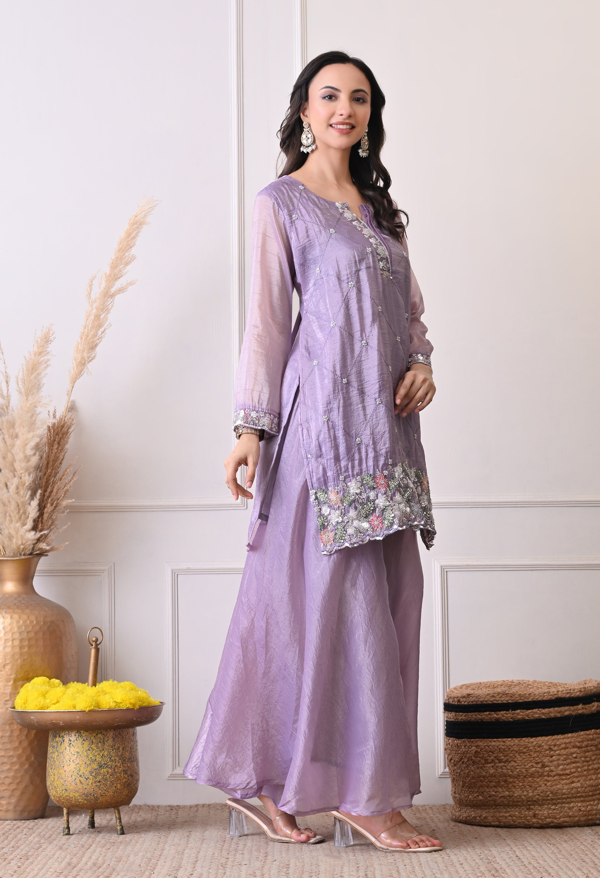 Lavender Crush Organza Beads Sequin Embroidered Sharara Suit - Set of 3