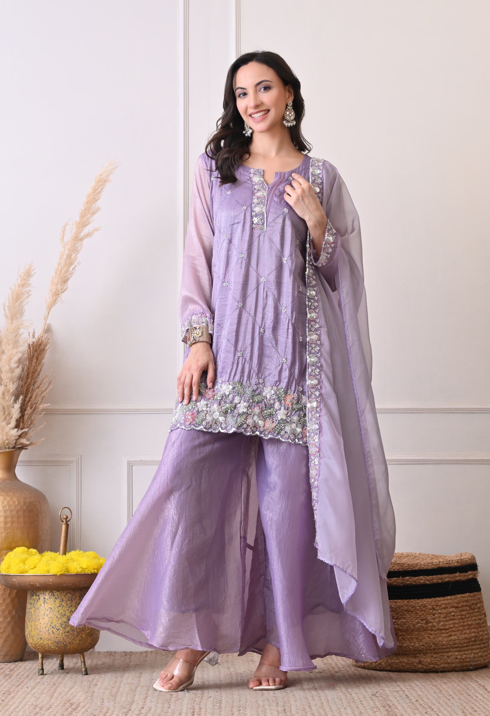 Lavender Crush Organza Beads Sequin Embroidered Sharara Suit - Set of 3