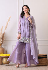 Lavender Crush Organza Beads Sequin Embroidered Sharara Suit - Set of 3
