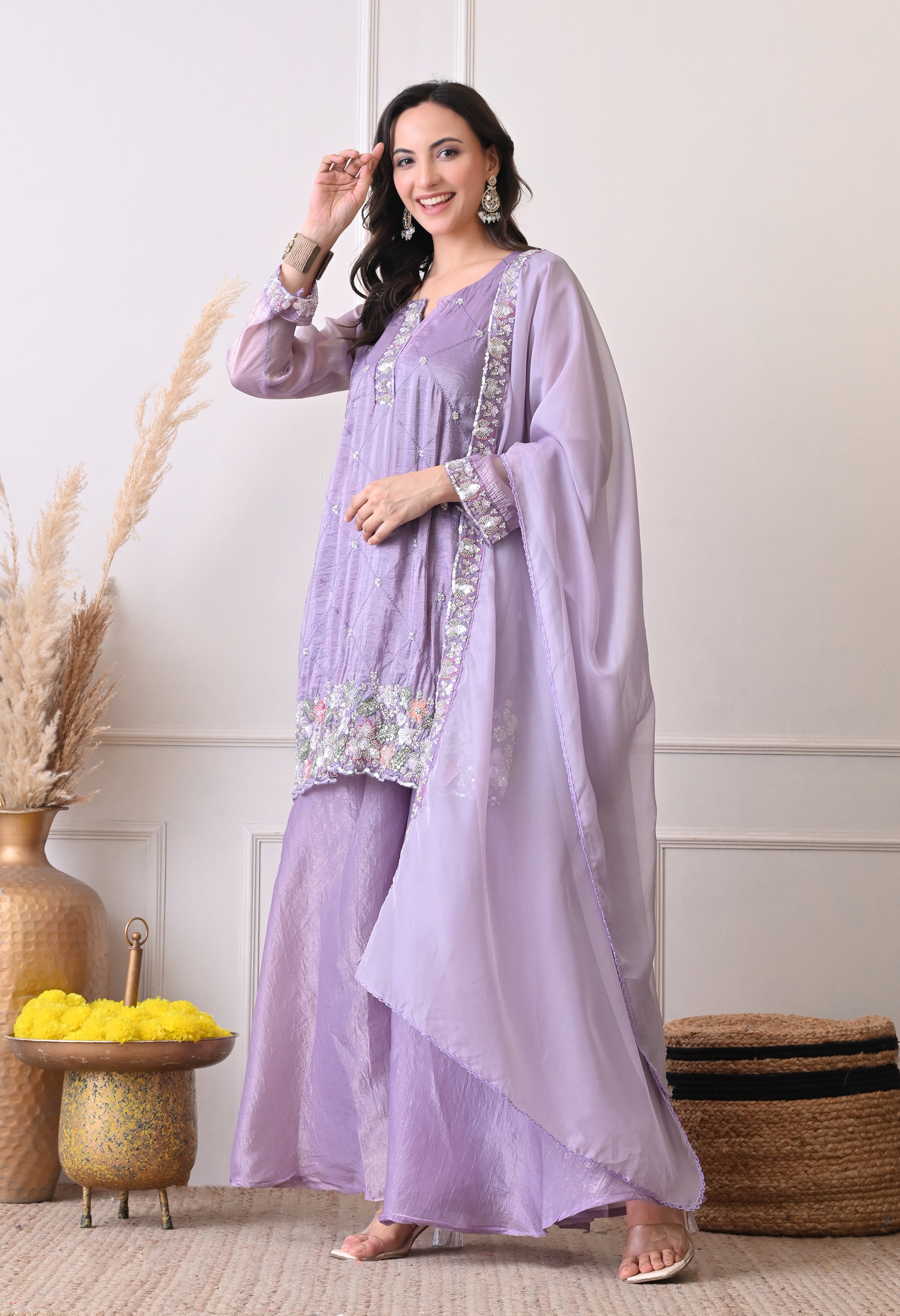 Lavender Crush Organza Beads Sequin Embroidered Sharara Suit - Set of 3