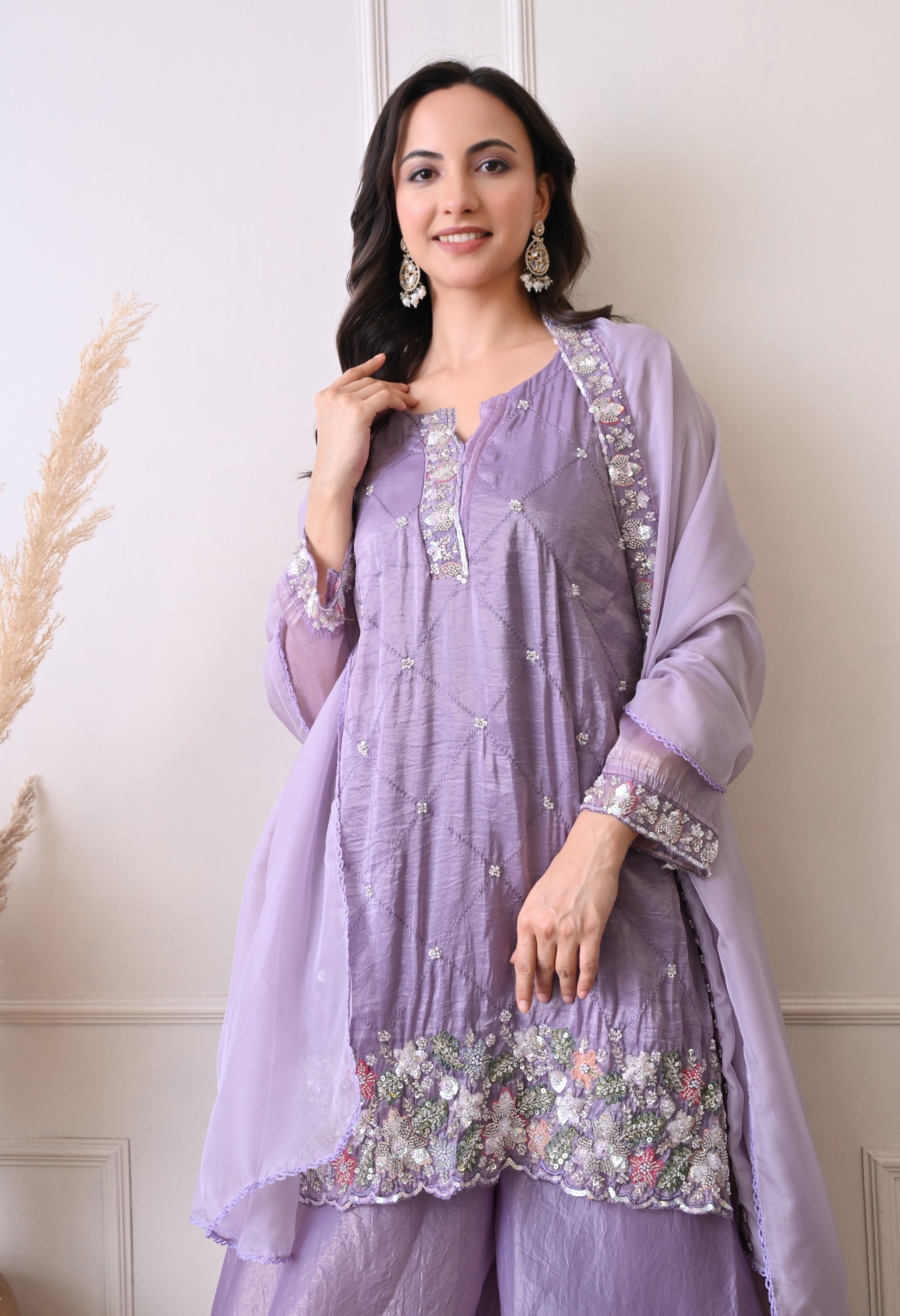 Lavender Crush Organza Beads Sequin Embroidered Sharara Suit - Set of 3