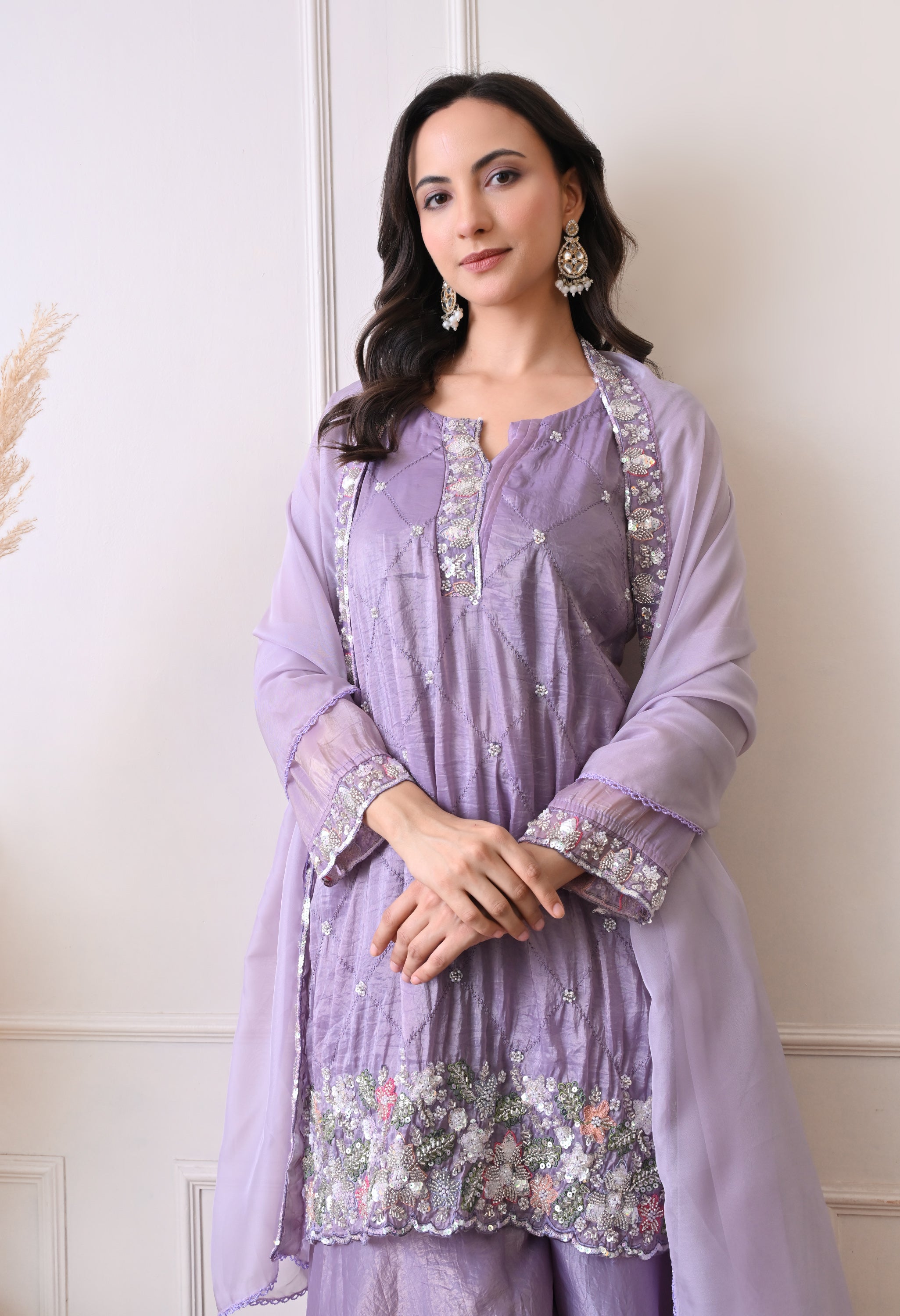 Lavender Crush Organza Beads Sequin Embroidered Sharara Suit - Set of 3