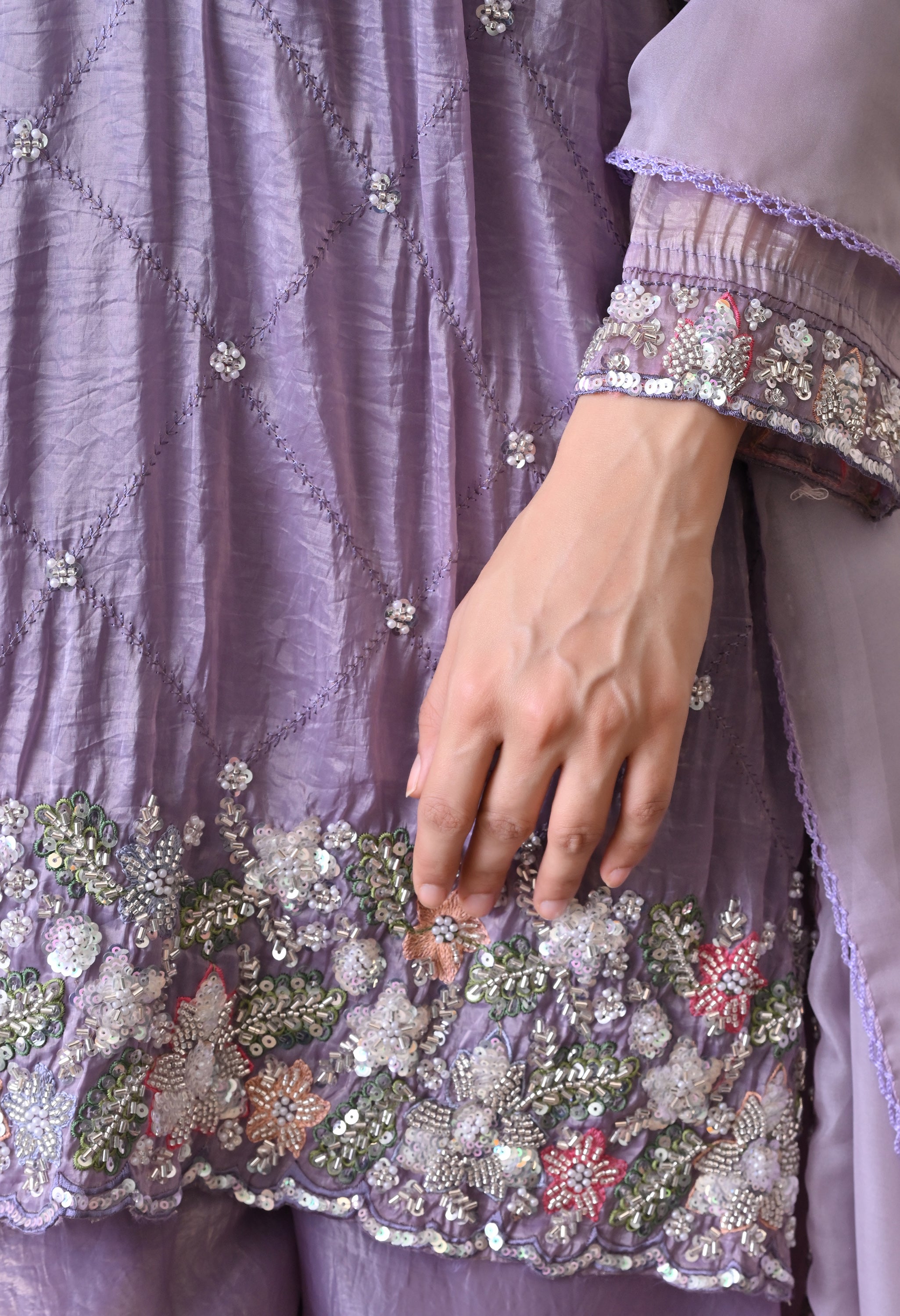 Lavender Crush Organza Beads Sequin Embroidered Sharara Suit - Set of 3