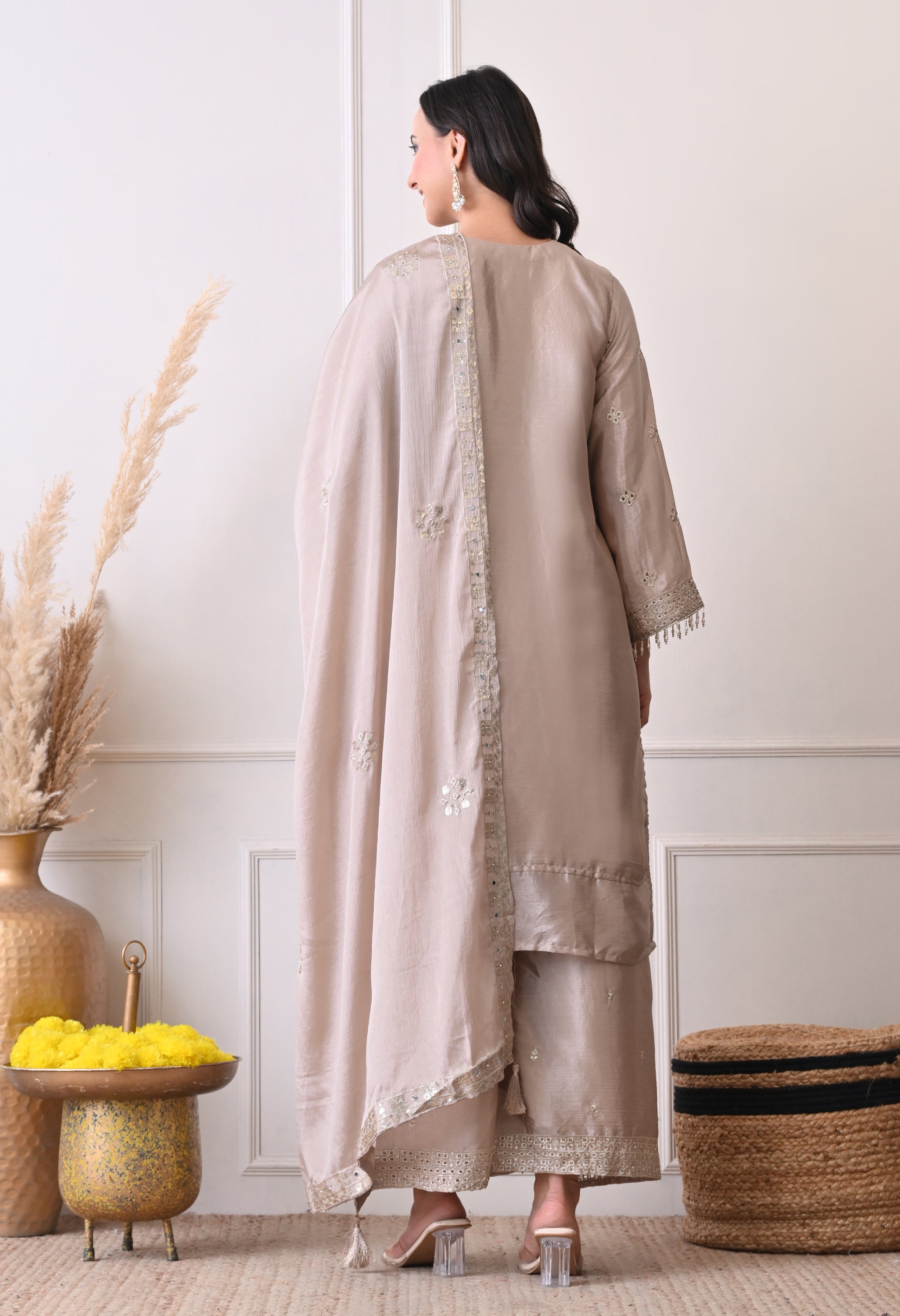 Grey Chinon Zari Mirror Cut Work Sharara Suit- Set of 3