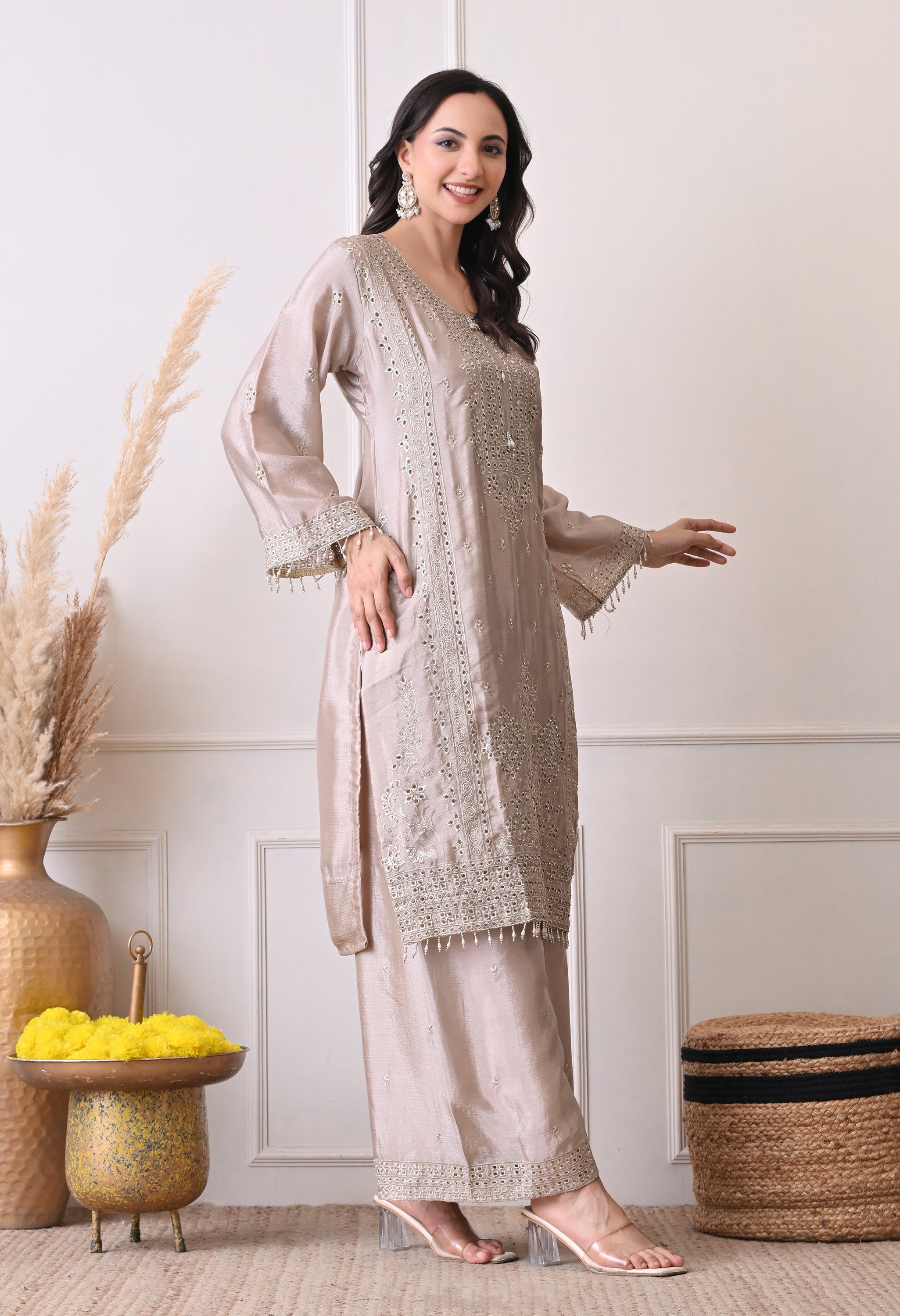 Grey Chinon Zari Mirror Cut Work Sharara Suit- Set of 3