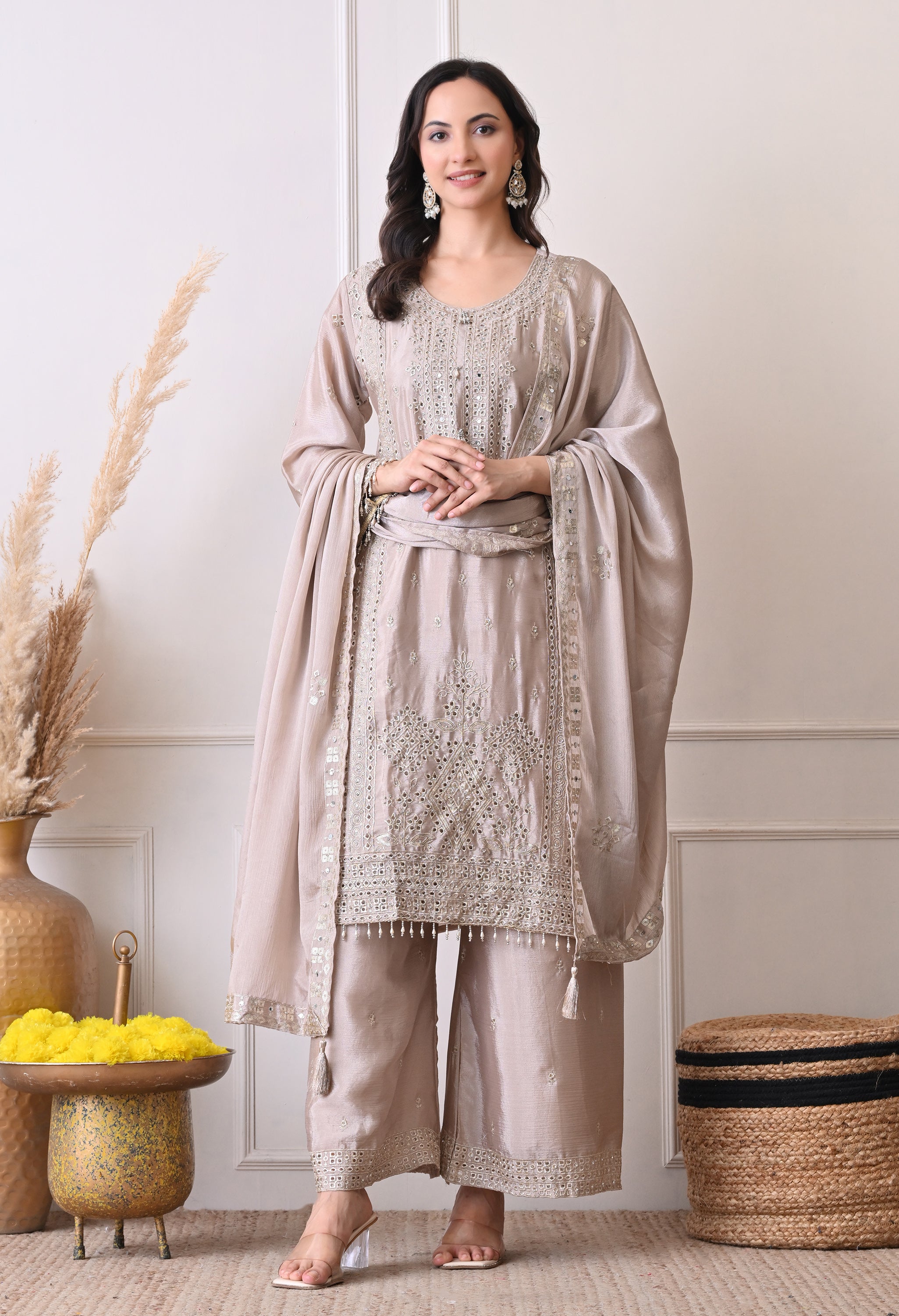 Grey Chinon Zari Mirror Cut Work Sharara Suit- Set of 3