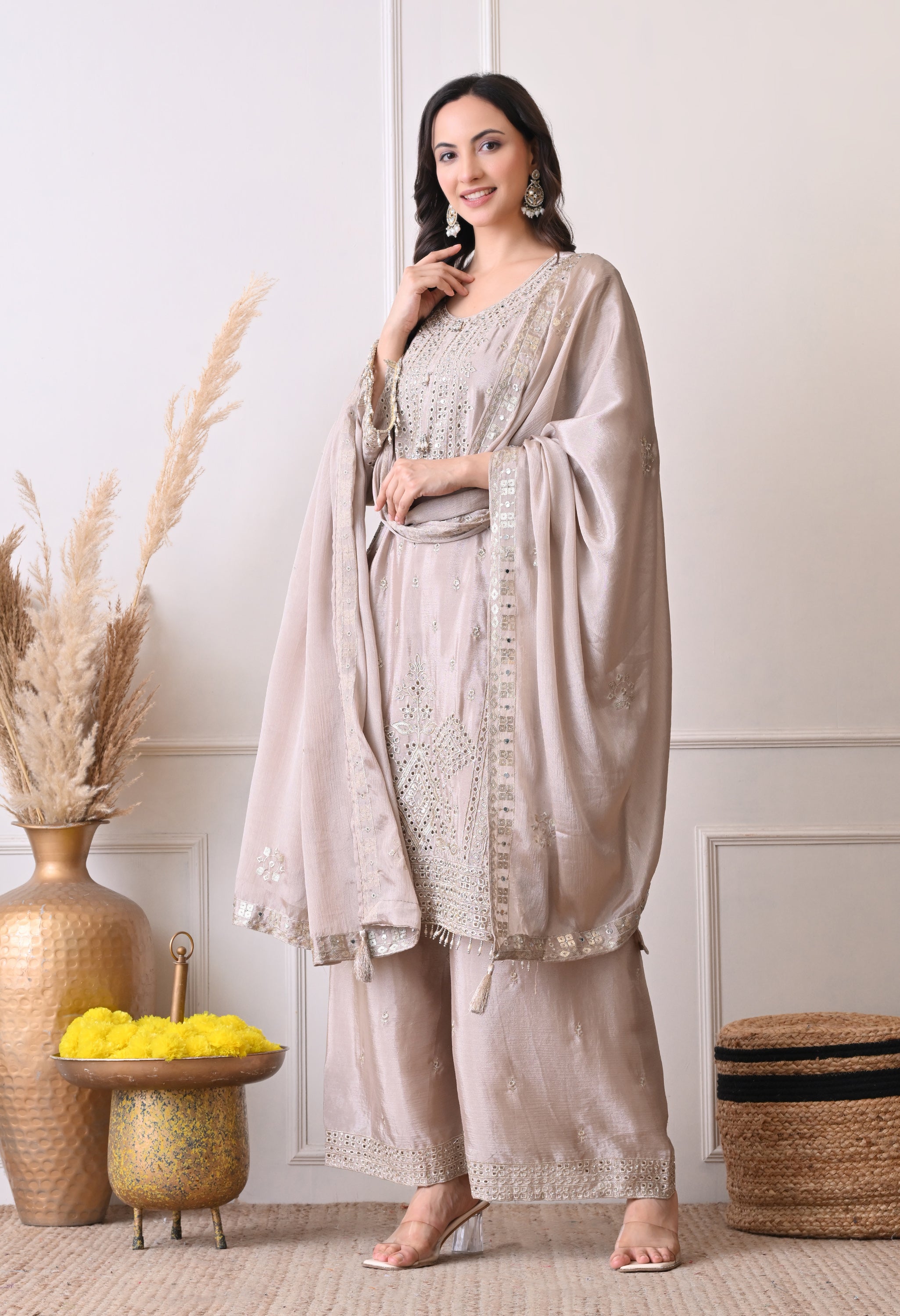 Grey Chinon Zari Mirror Cut Work Sharara Suit- Set of 3
