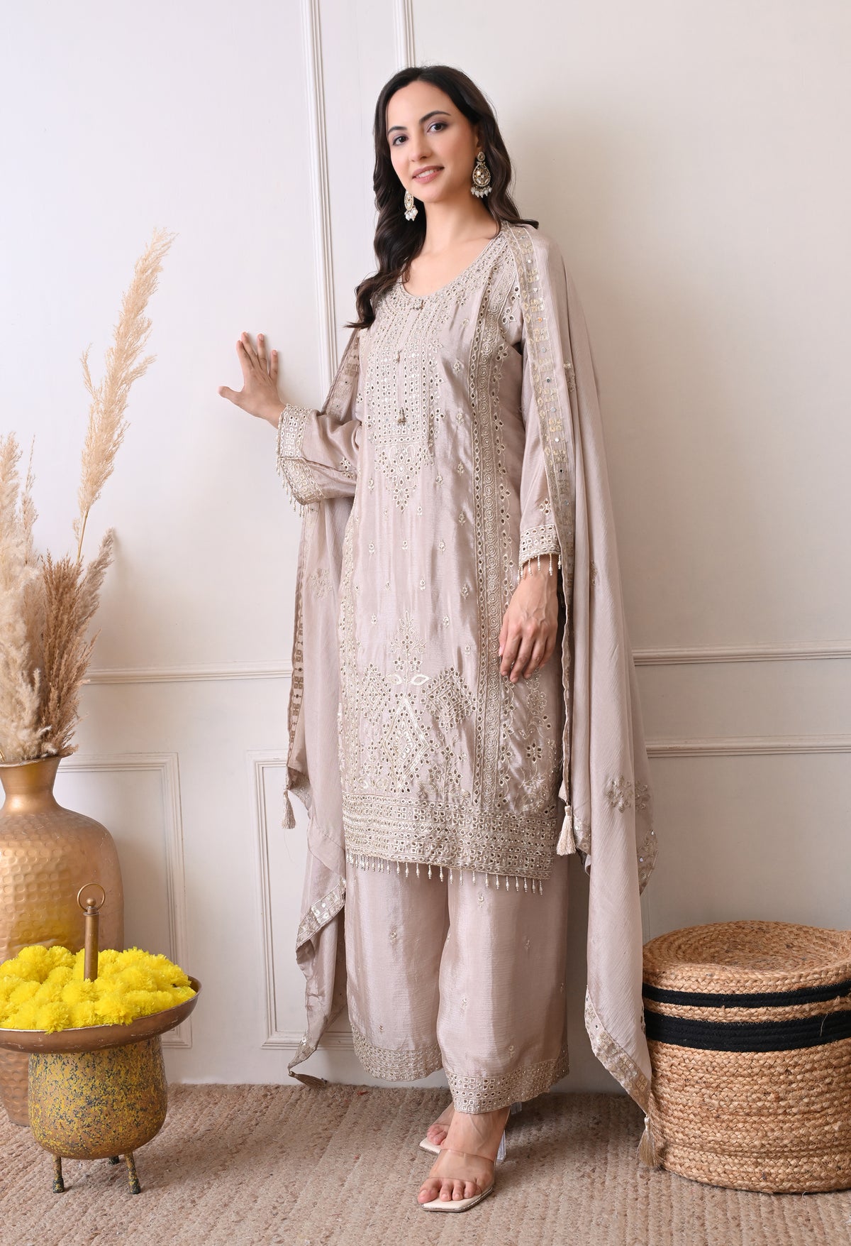 Grey Chinon Zari Mirror Cut Work Sharara Suit- Set of 3