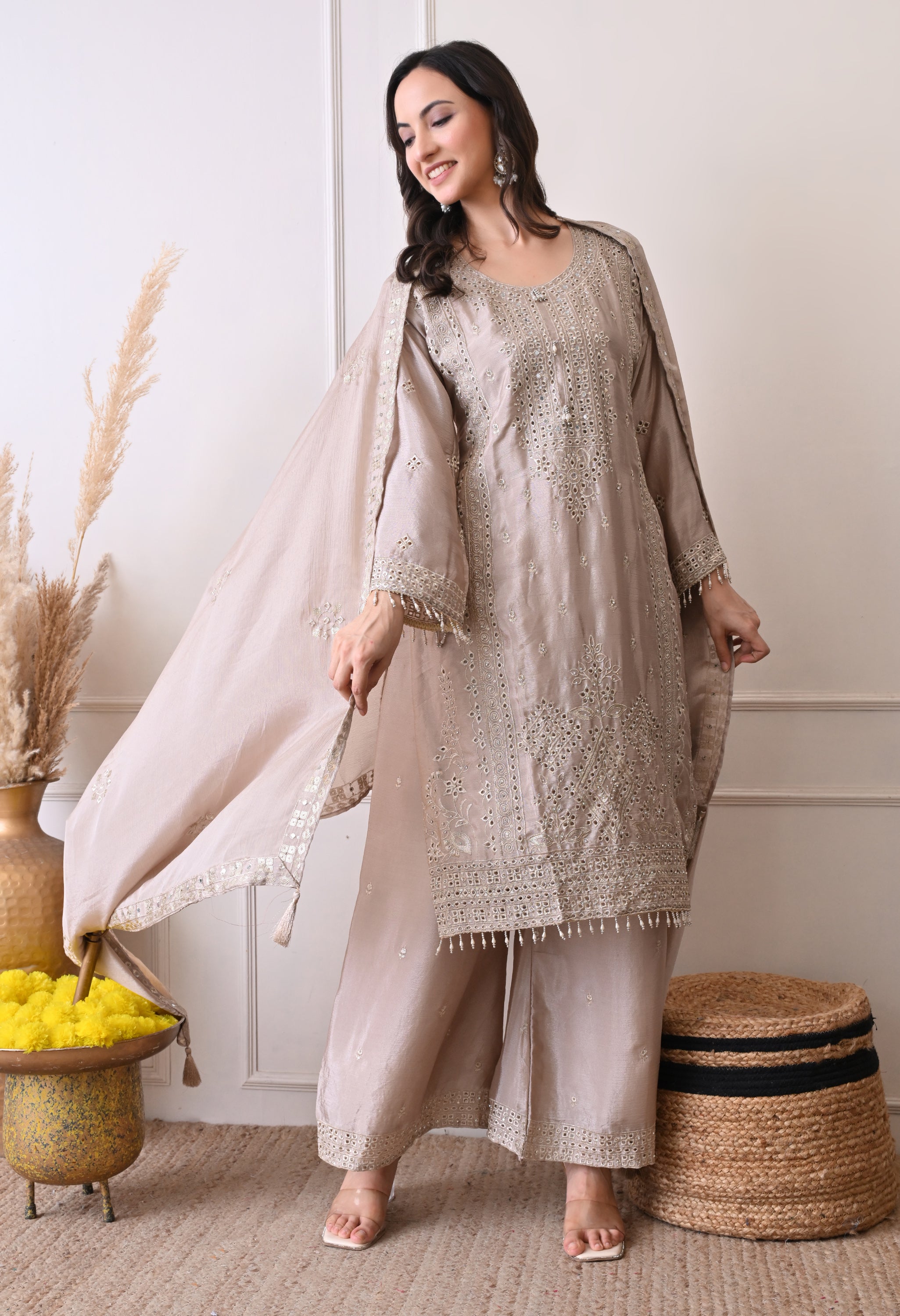 Grey Chinon Zari Mirror Cut Work Sharara Suit- Set of 3