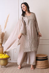 Grey Chinon Zari Mirror Cut Work Sharara Suit- Set of 3