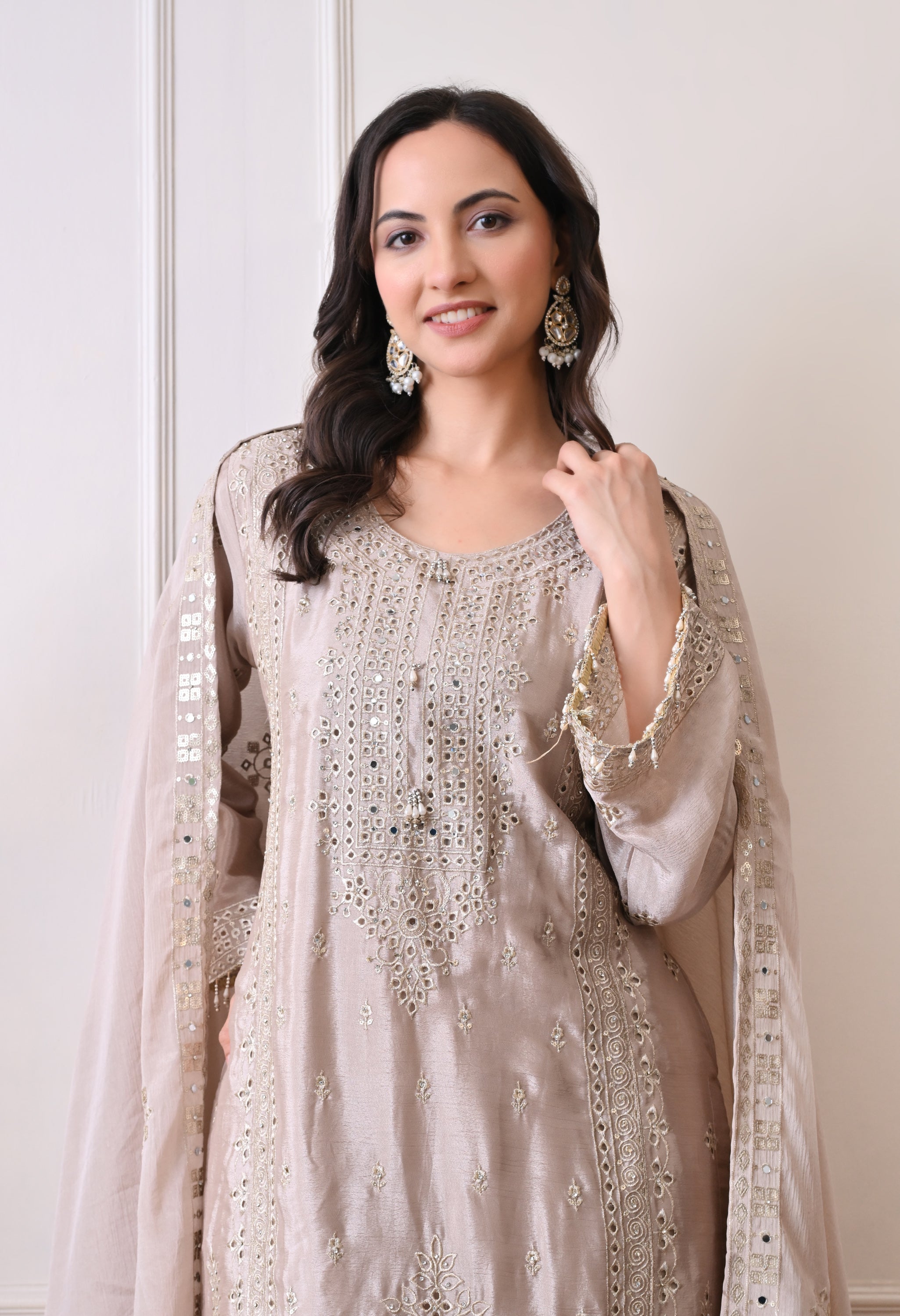 Grey Chinon Zari Mirror Cut Work Sharara Suit- Set of 3