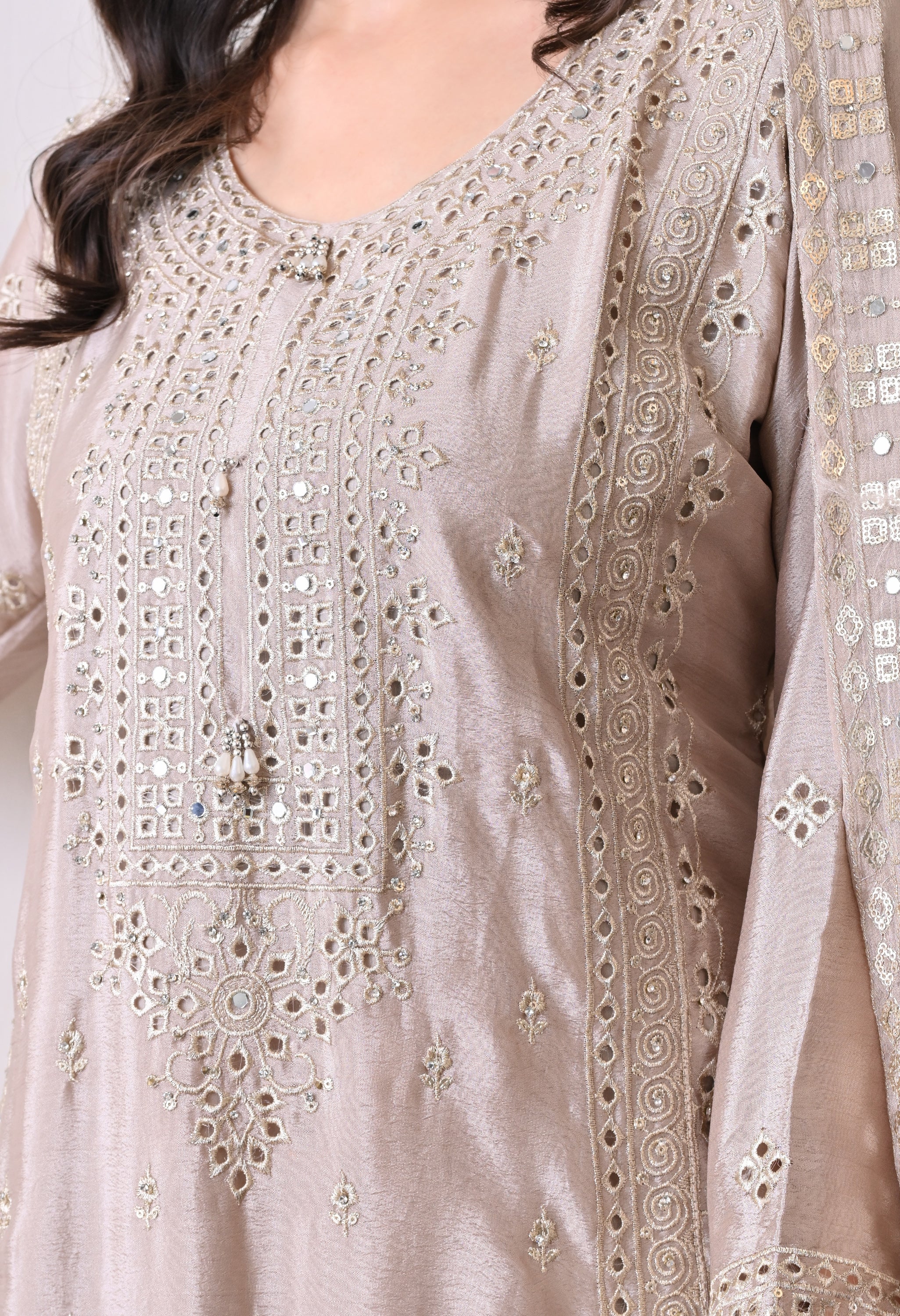 Grey Chinon Zari Mirror Cut Work Sharara Suit- Set of 3