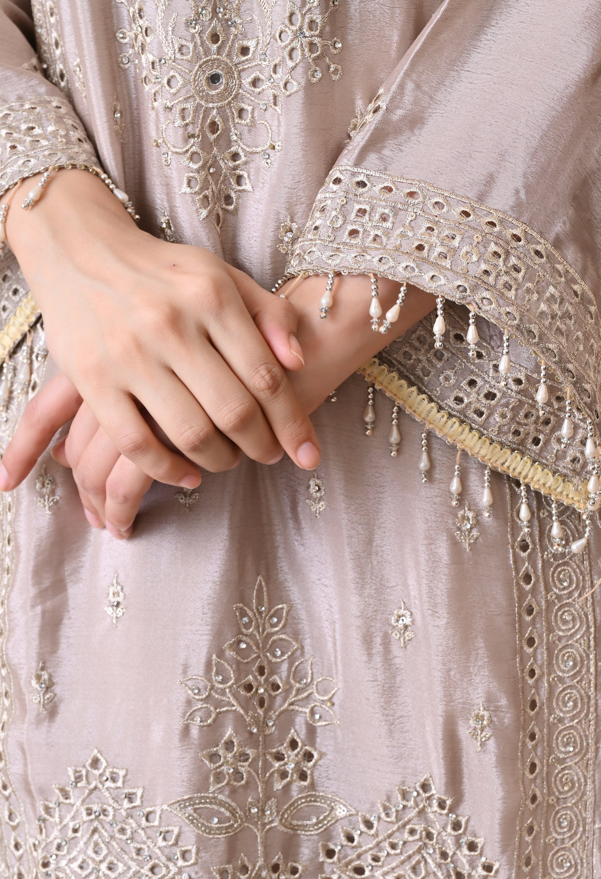 Grey Chinon Zari Mirror Cut Work Sharara Suit- Set of 3