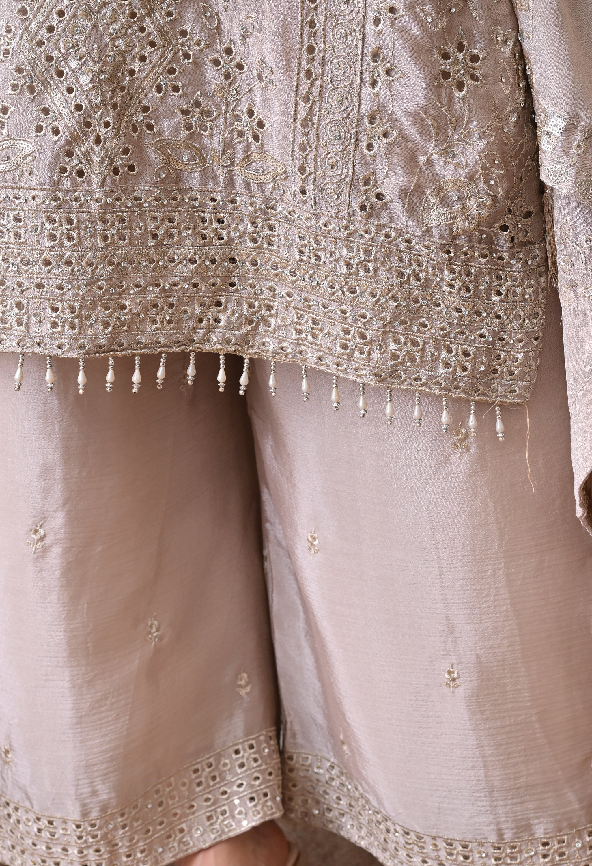 Grey Chinon Zari Mirror Cut Work Sharara Suit- Set of 3