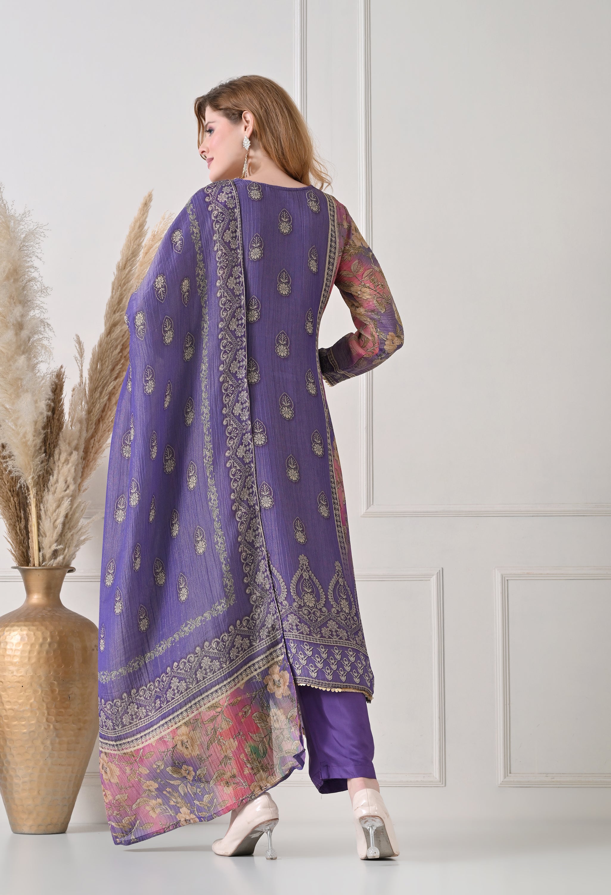Lavender Crush Tissue Zari Embroidered Suit - Set of 3