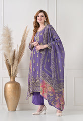 Lavender Crush Tissue Zari Embroidered Suit - Set of 3