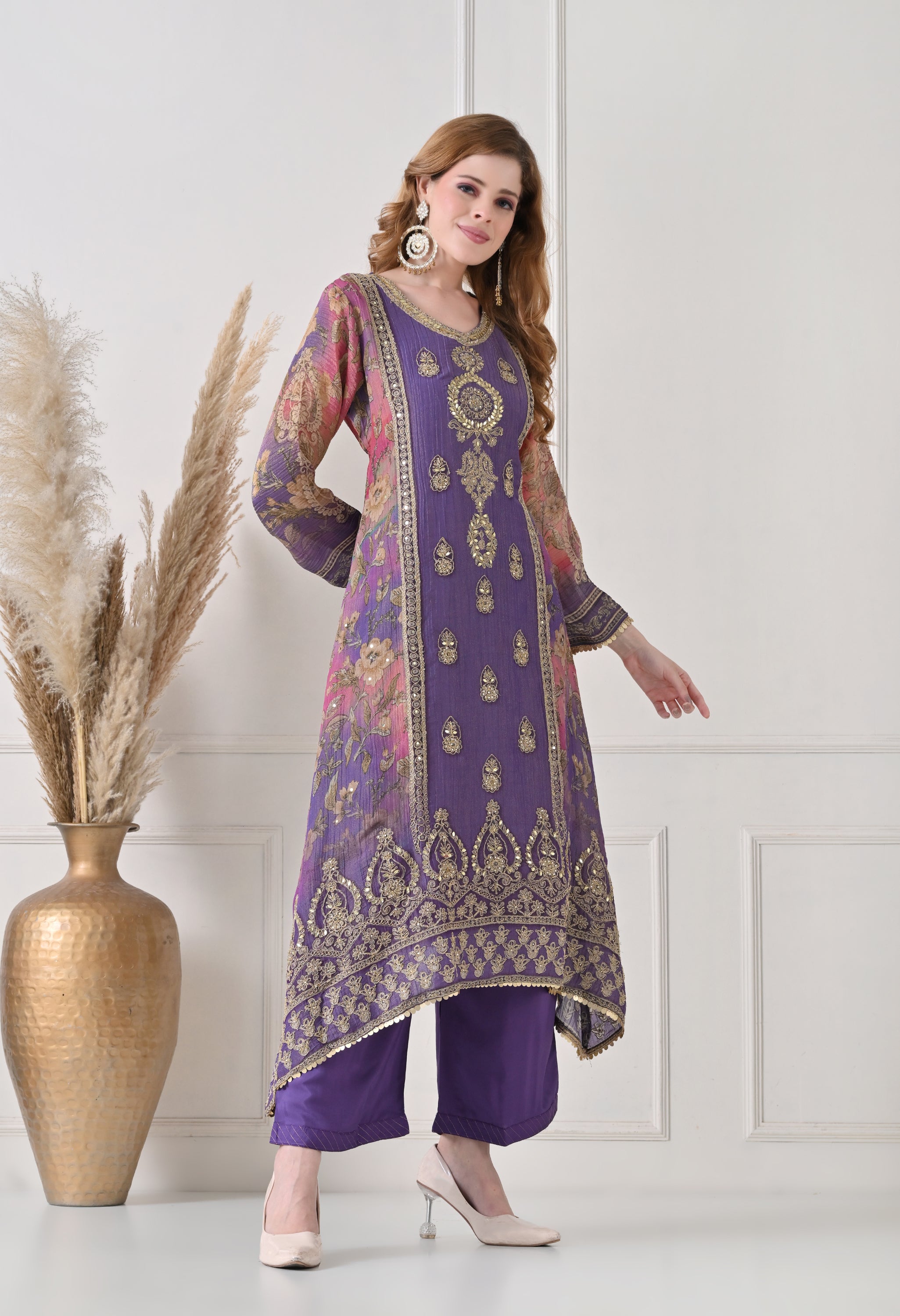 Lavender Crush Tissue Zari Embroidered Suit - Set of 3