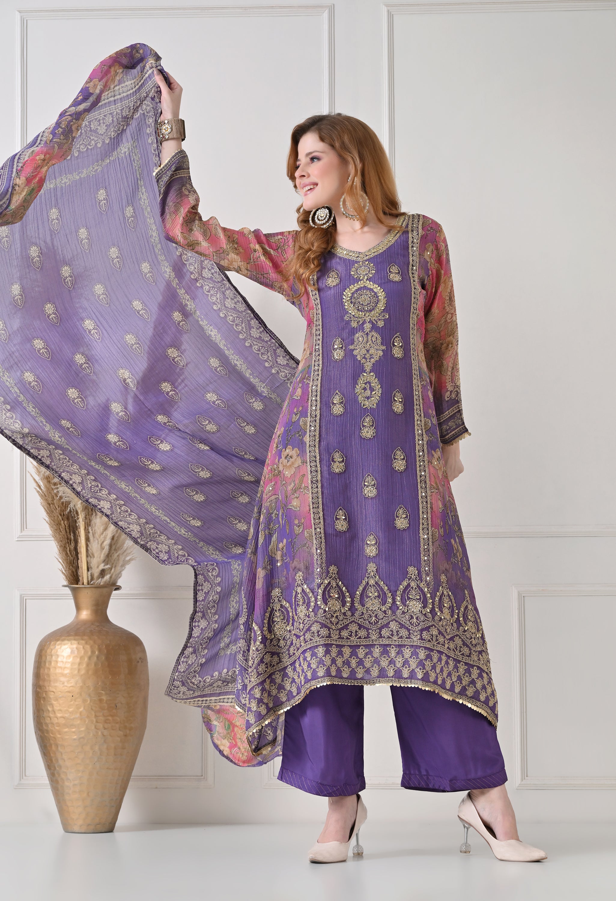Lavender Crush Tissue Zari Embroidered Suit - Set of 3