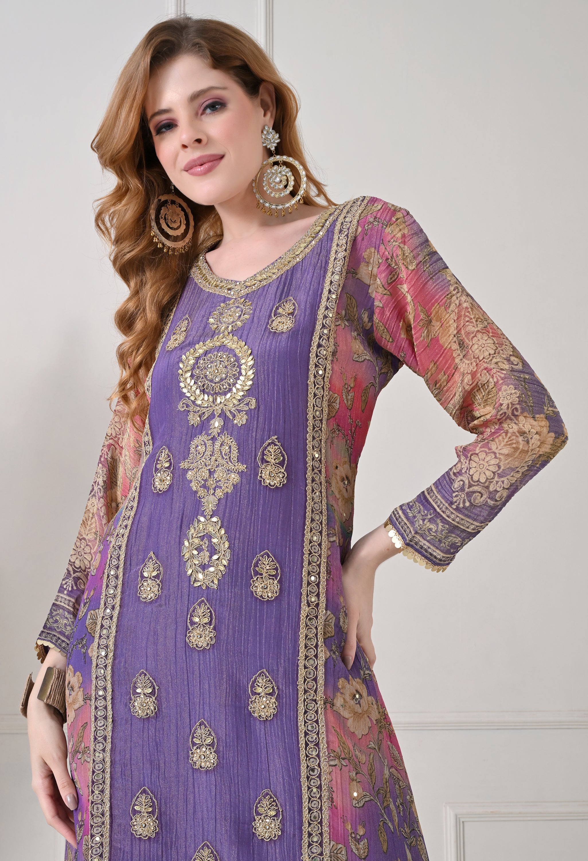 Lavender Crush Tissue Zari Embroidered Suit - Set of 3