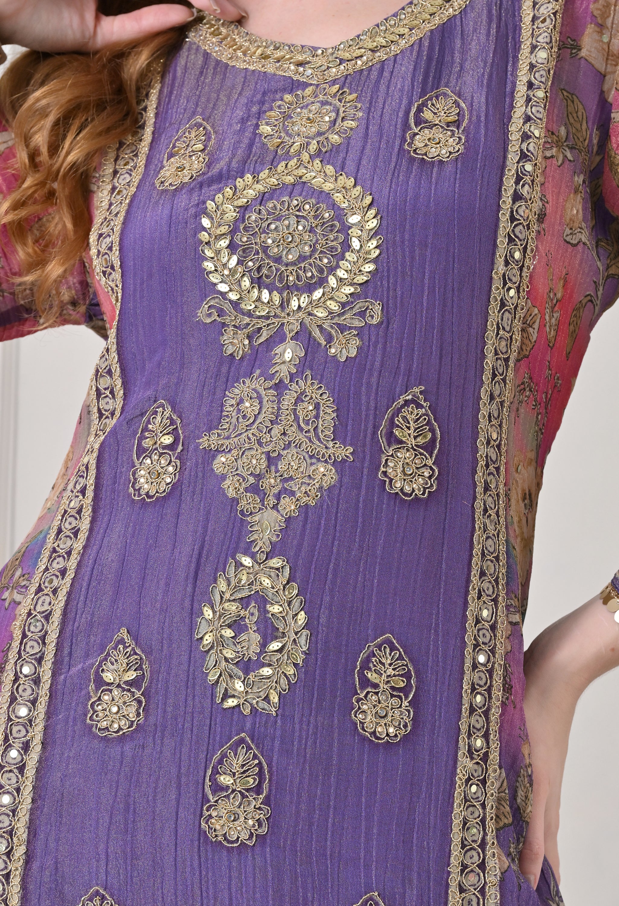 Lavender Crush Tissue Zari Embroidered Suit - Set of 3