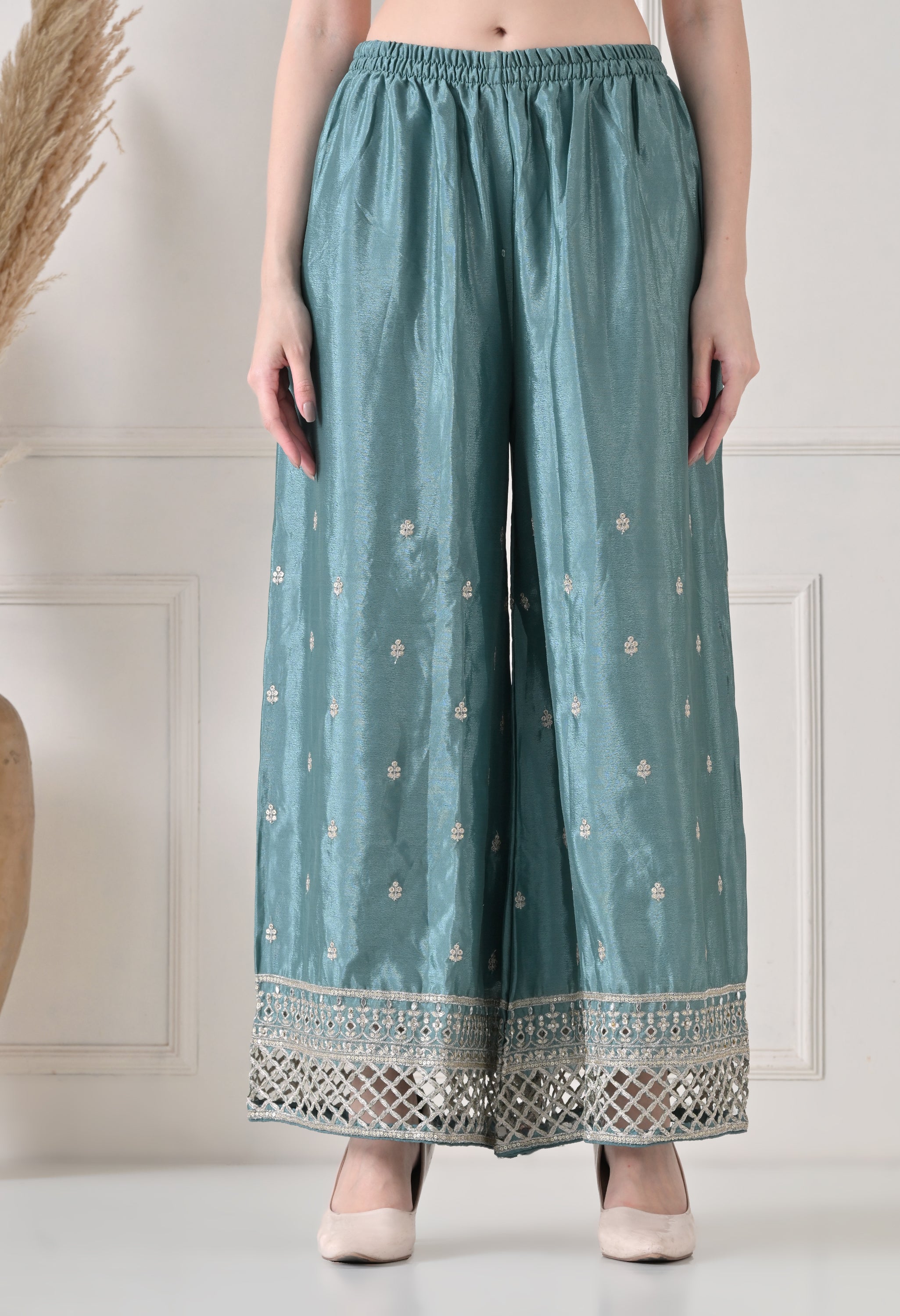 Powder Blue Chinon Cut Work Sharara Suit- Set of 3