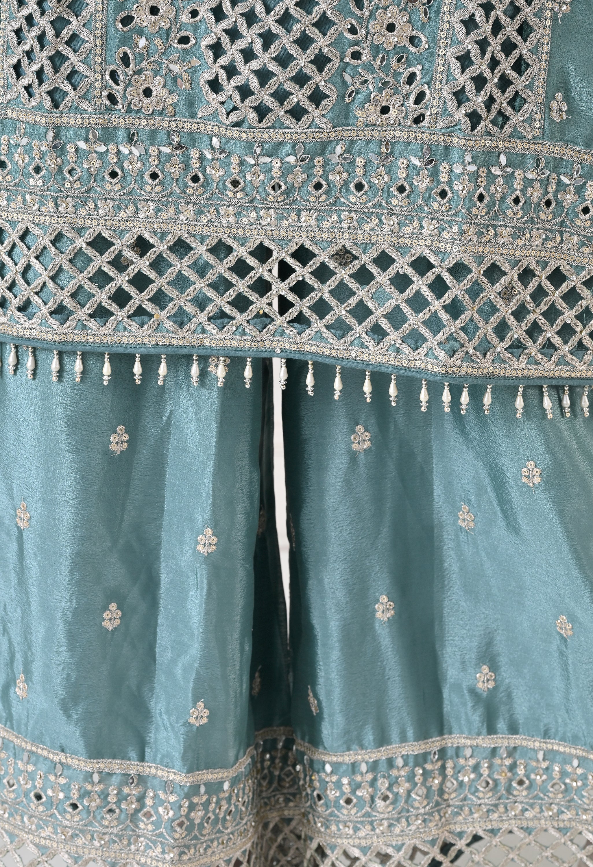 Powder Blue Chinon Cut Work Sharara Suit- Set of 3