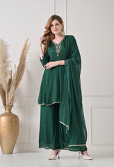 Bottle Green Chinon Dabka Work Sharara Suit - Set of 3