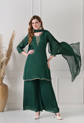 Bottle Green Chinon Dabka Work Sharara Suit - Set of 3