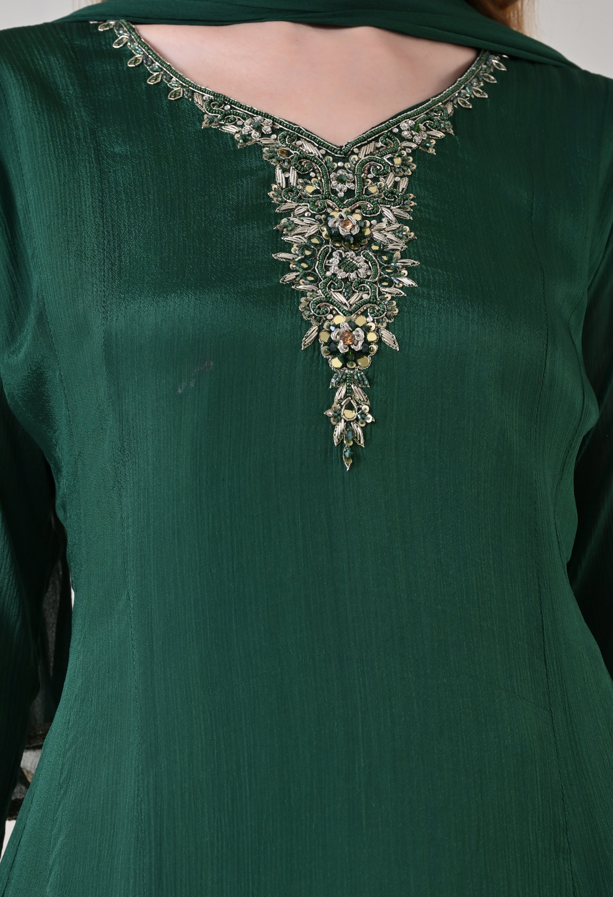Bottle Green Chinon Dabka Work Sharara Suit - Set of 3