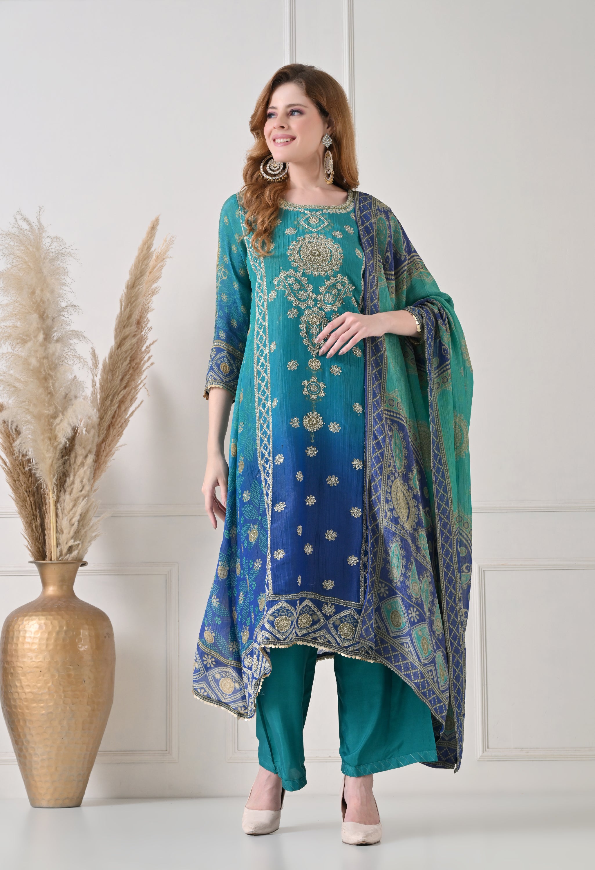 Blue Crush Tissue Zari Embroidered Suit - Set of 3