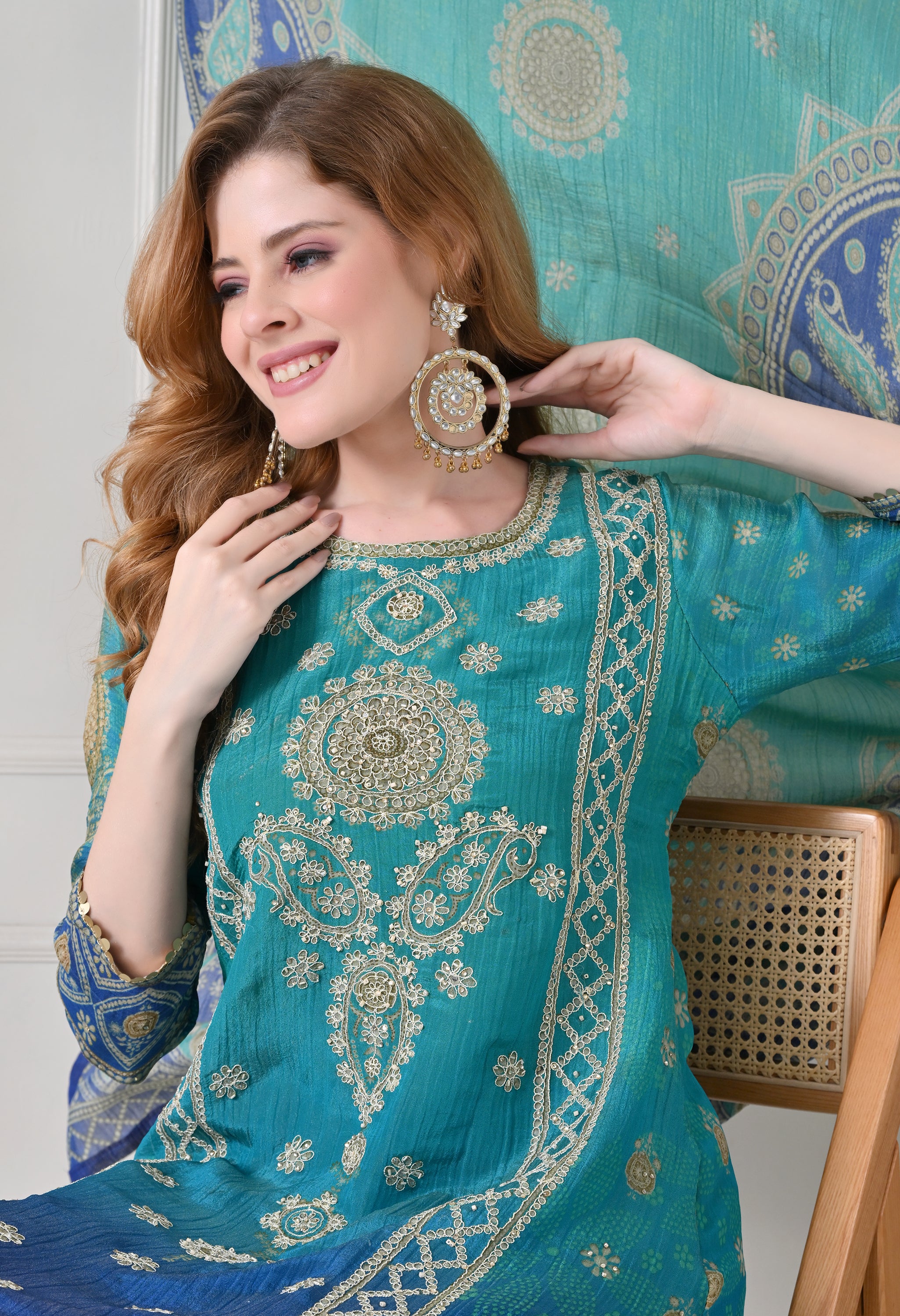 Blue Crush Tissue Zari Embroidered Suit - Set of 3