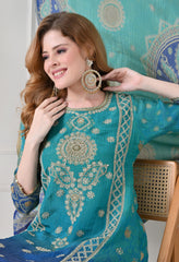 Blue Crush Tissue Zari Embroidered Suit - Set of 3
