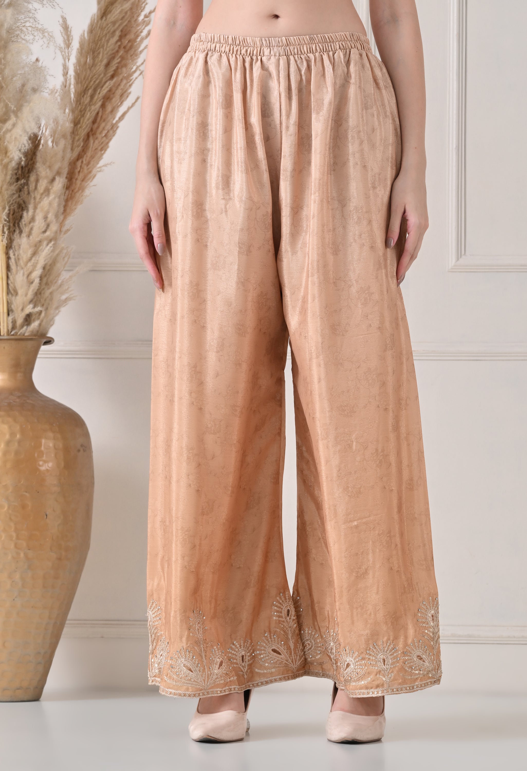 Golden Chinon Zari Sequin Work Sharara Suit- Set of 3