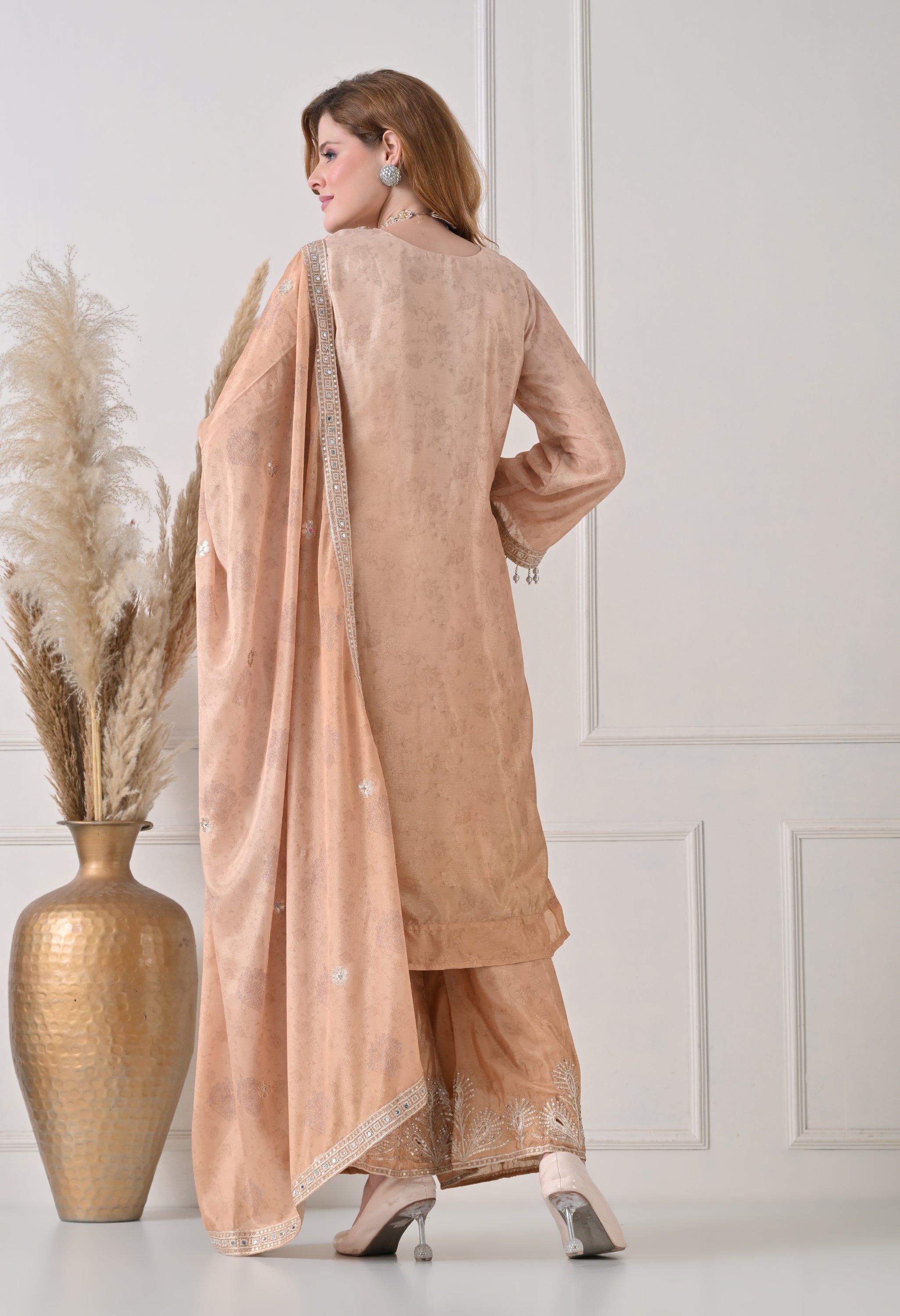 Golden Chinon Zari Sequin Work Sharara Suit- Set of 3