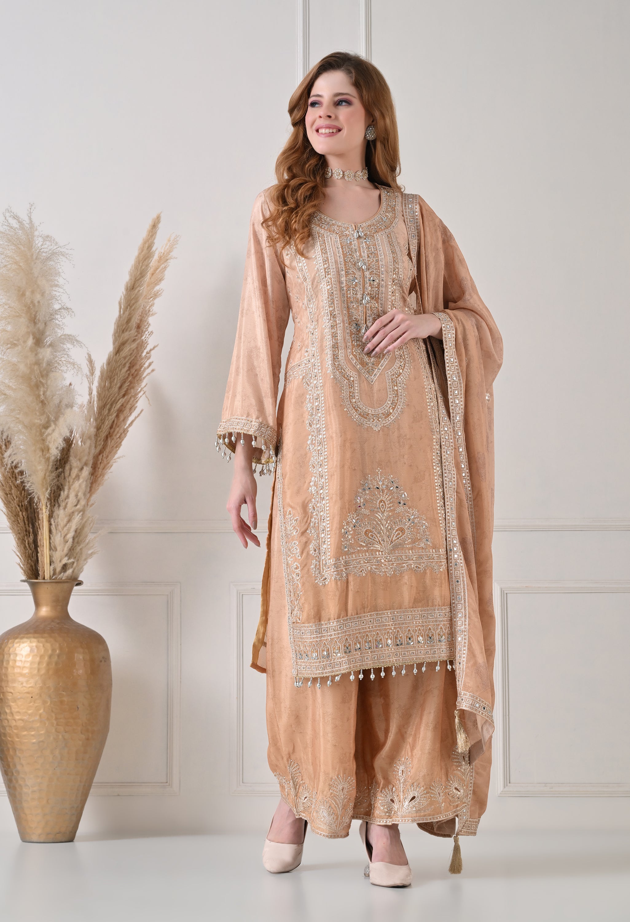 Golden Chinon Zari Sequin Work Sharara Suit- Set of 3