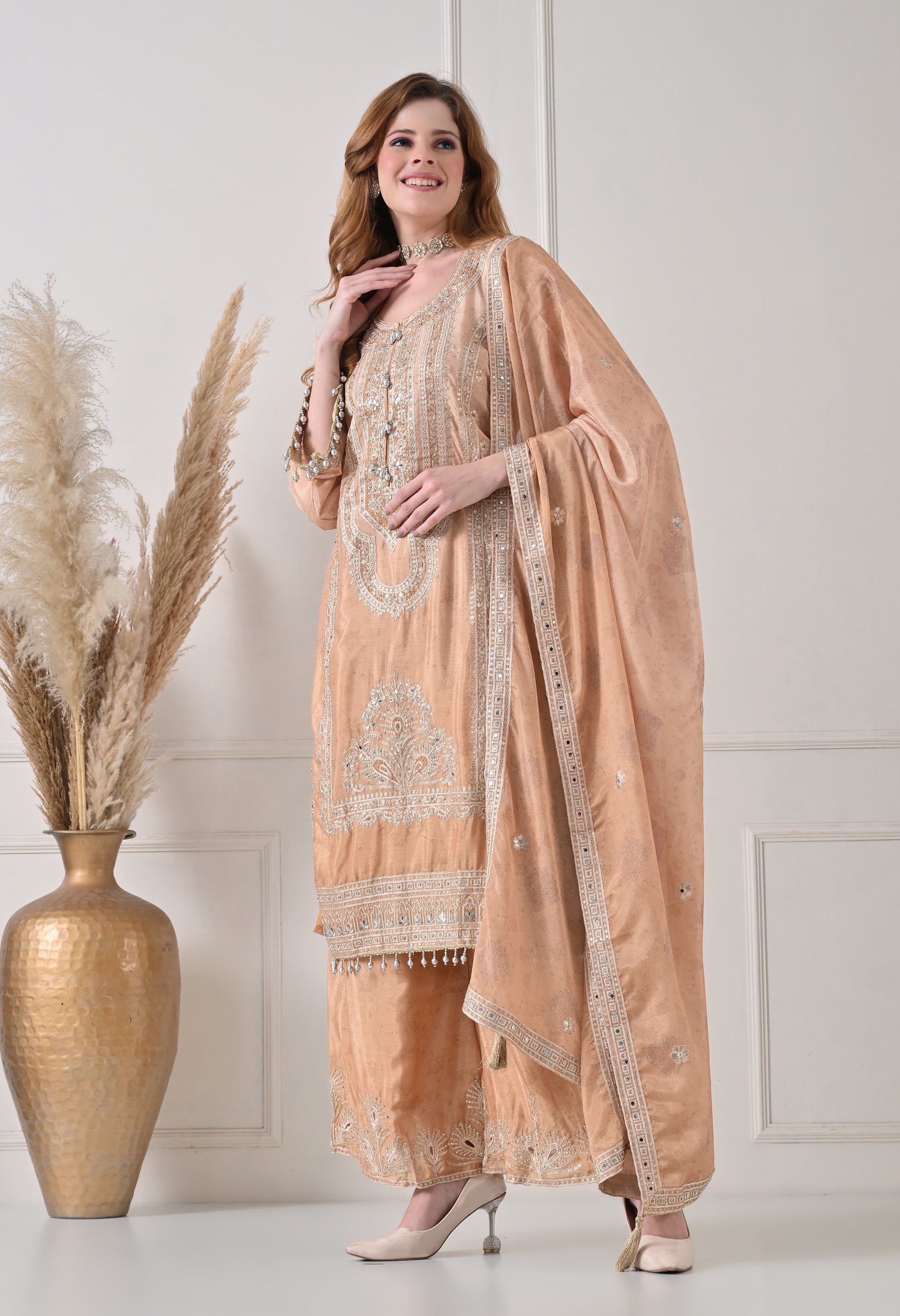 Golden Chinon Zari Sequin Work Sharara Suit- Set of 3